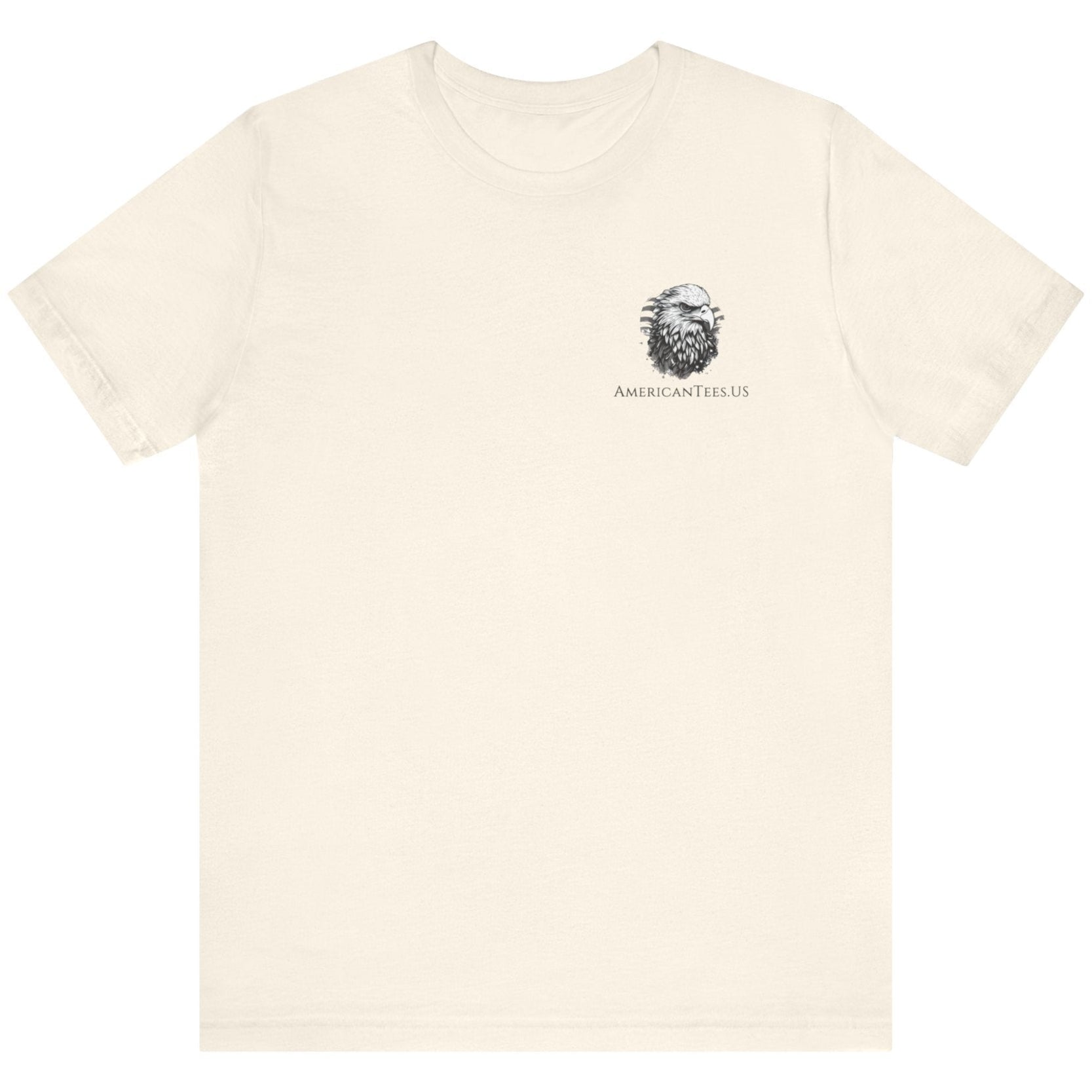 front view of natural colored fabric patriotic shirt with American flag background and the preamble of the united states constitution on the back pf shirt, front of shirt has americantees.us logo