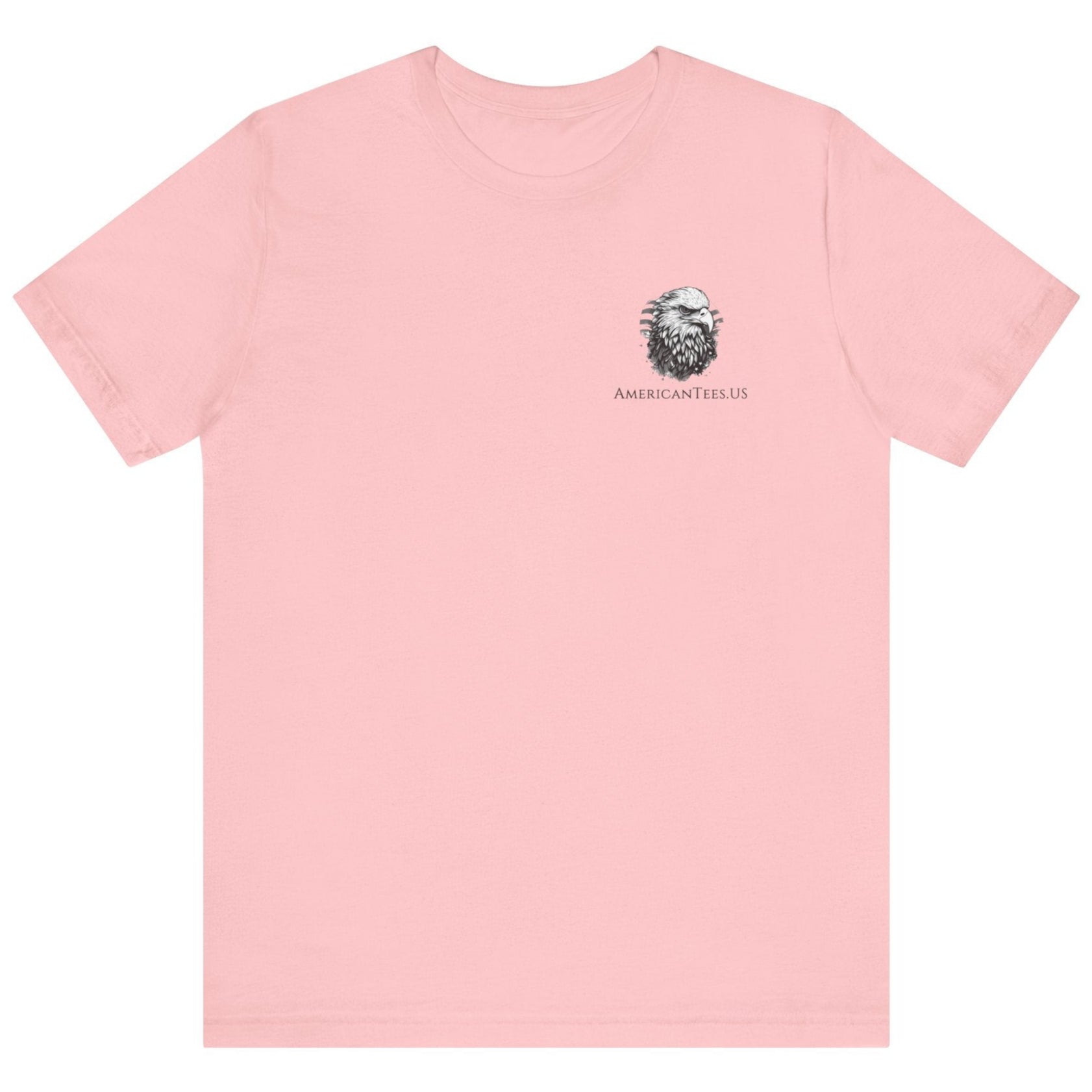 front view of a patriotic pink colored fabric shirt with americantees.us logo on front and 2A on the back with stacked rifles forming the A
