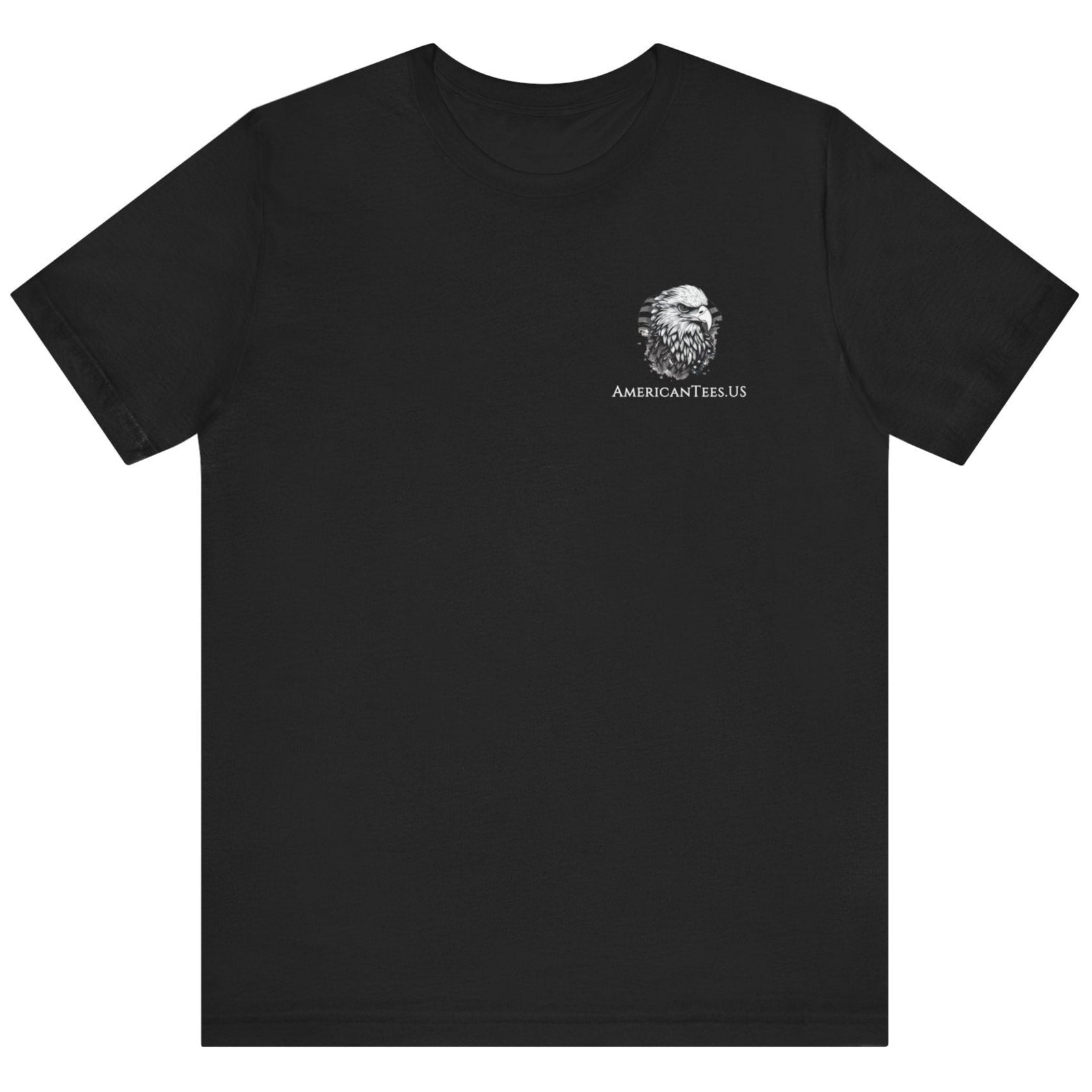 front view of a patriotic black colored fabric shirt with americantees.us logo on front and 2A on the back with stacked rifles forming the A