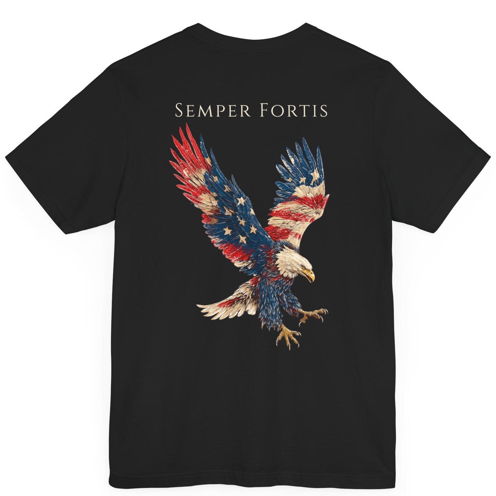 Semper Fortis Patriotic Shirt with Eagle Flag Design, American, black color shirt, back view