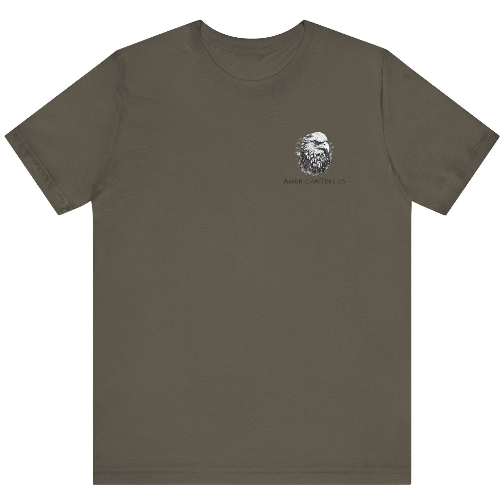 front view of army green colored fabric patriotic shirt with American flag background and the preamble of the united states constitution on the back pf shirt, front of shirt has americantees.us logo