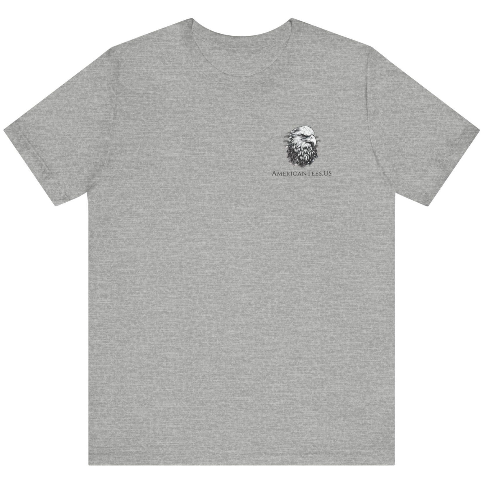 front view of a patriotic athletic heather colored fabric shirt with americantees.us logo on front and 2A on the back with stacked rifles forming the A