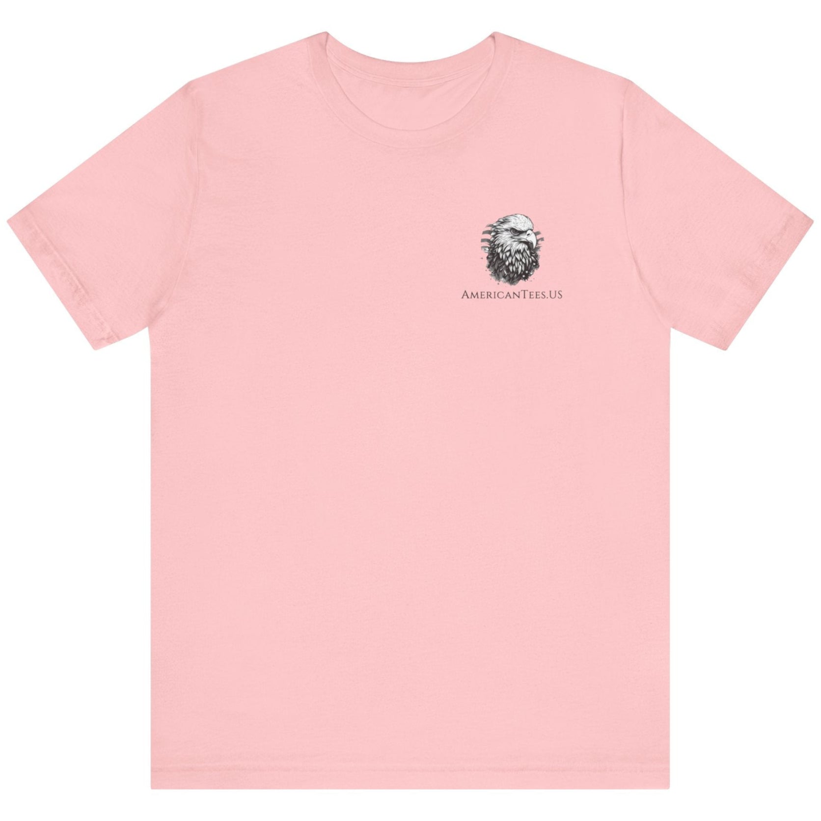 front view of a pink colored fabric patriotic shirt with americantees.us logo on front and American flag in shape of a Christian cross with pledge of allegiance surrounding image on back