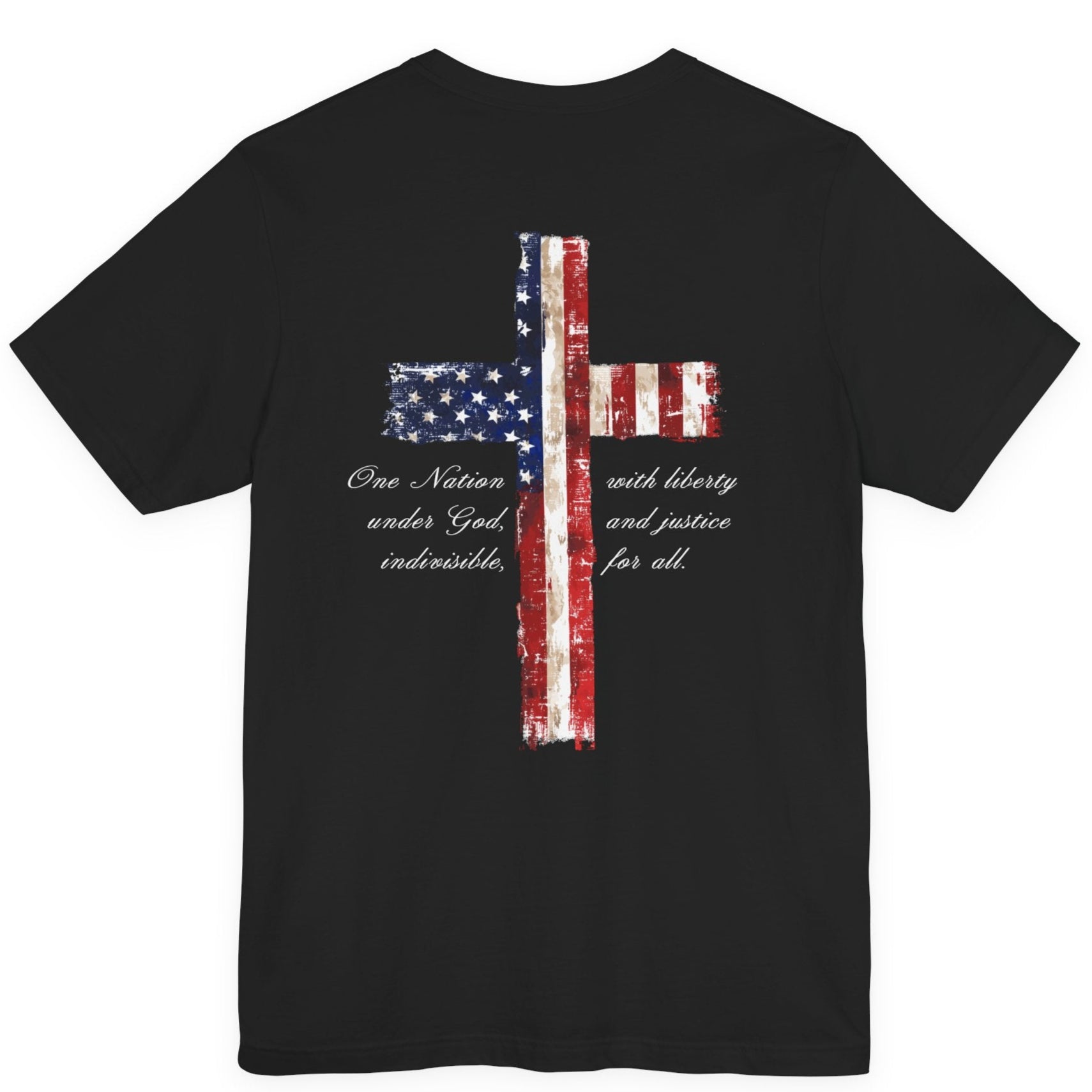 rear view of a black colored fabric patriotic shirt with americantees.us logo on front and American flag in shape of a Christian cross with pledge of allegiance surrounding image on back