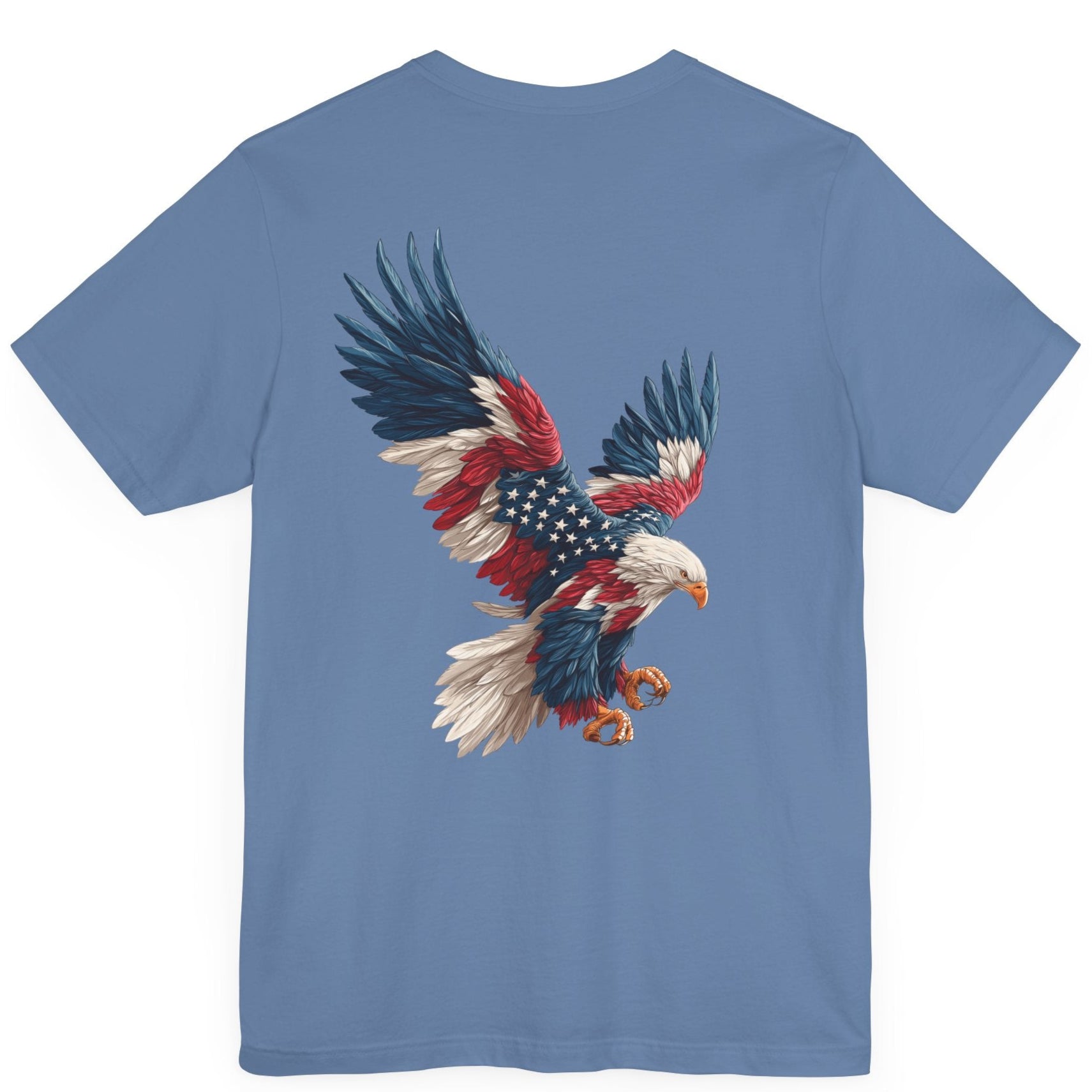Bald eagle with American flag feathers on &quot;Eagle of Valor&quot; Patriotic Shirts, lavender blue color fabric, American Shirts design. rear view

