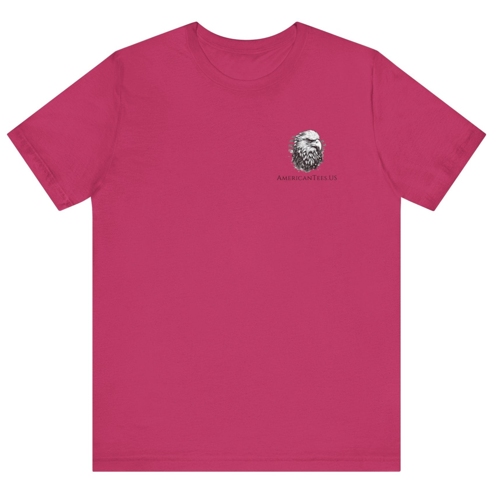 Patriotic Shirts Libertas Semper Eagle Flag Tee flat lay, berry color featuring an eagle and American flag with scrollwork on a unisex 100% cotton shirt, ideal for American pride

