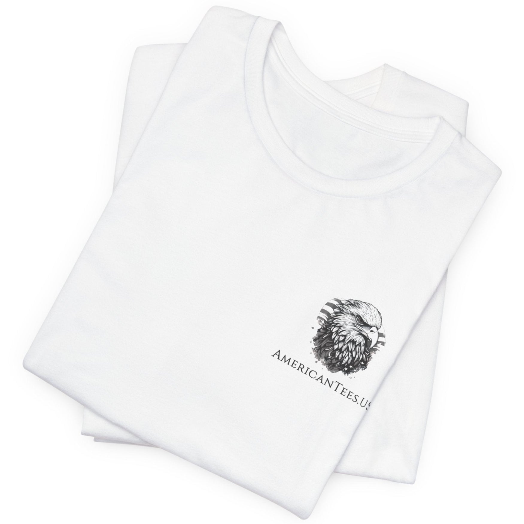 Front view of a folded white colored t-shirt with a graphic design of a rifle crossed with a quill fountain pen and an American flag ribbon, with the quote Defend the Republic by law or by force. Patriotic Shirts. logo design on front