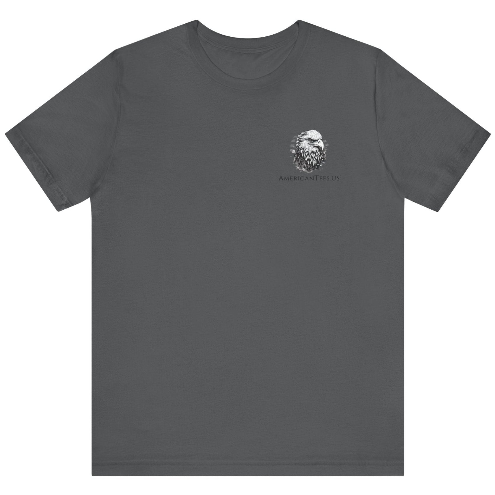 front view of an asphalt colored fabric patriotic shirt with americantees.us logo on front and American flag in shape of a Christian cross with pledge of allegiance surrounding image on back