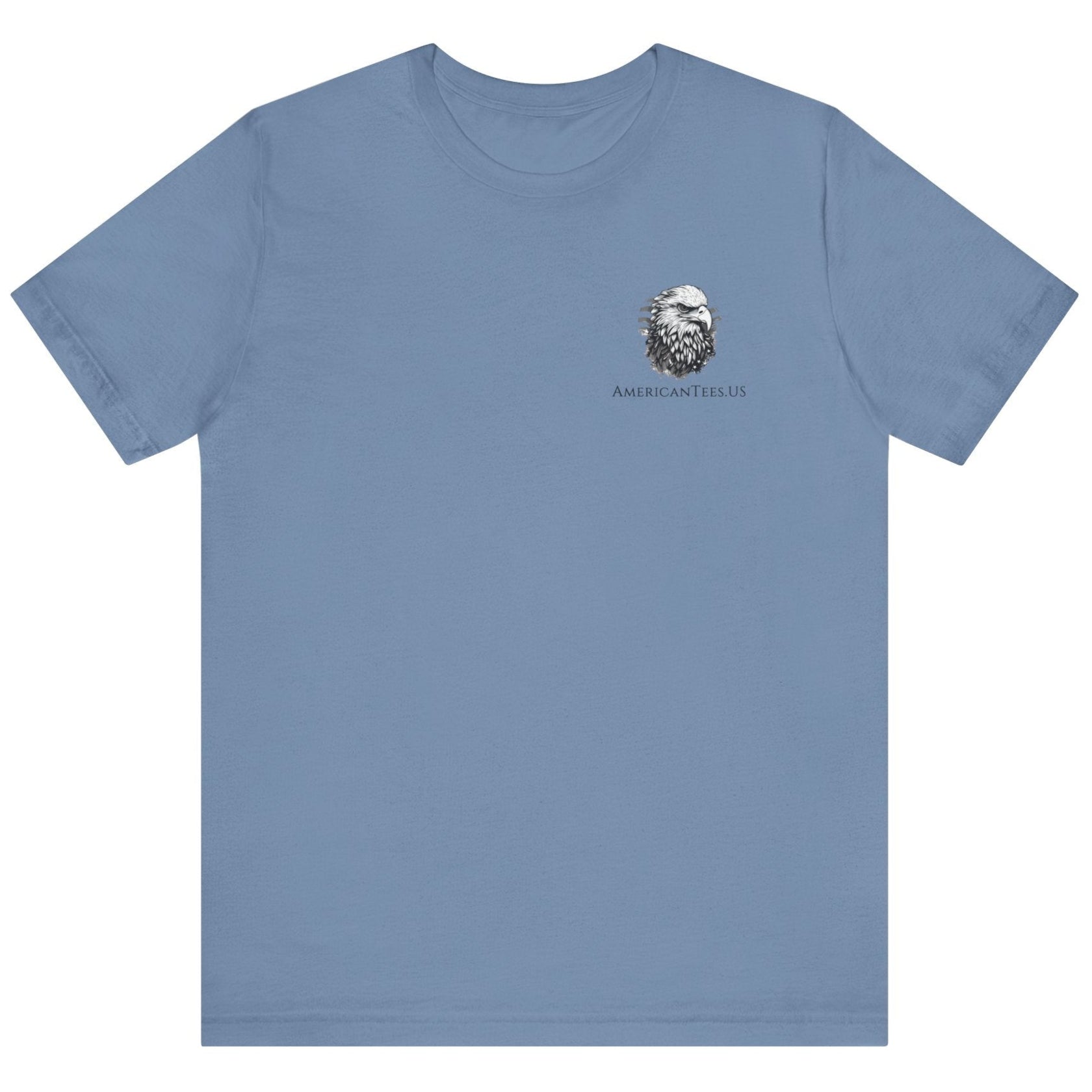 front view of a steel blue colored fabric shirt with americantees.us logo on front and betsy ross flag with the phrase give me liberty or give me death and 1776 on the back
