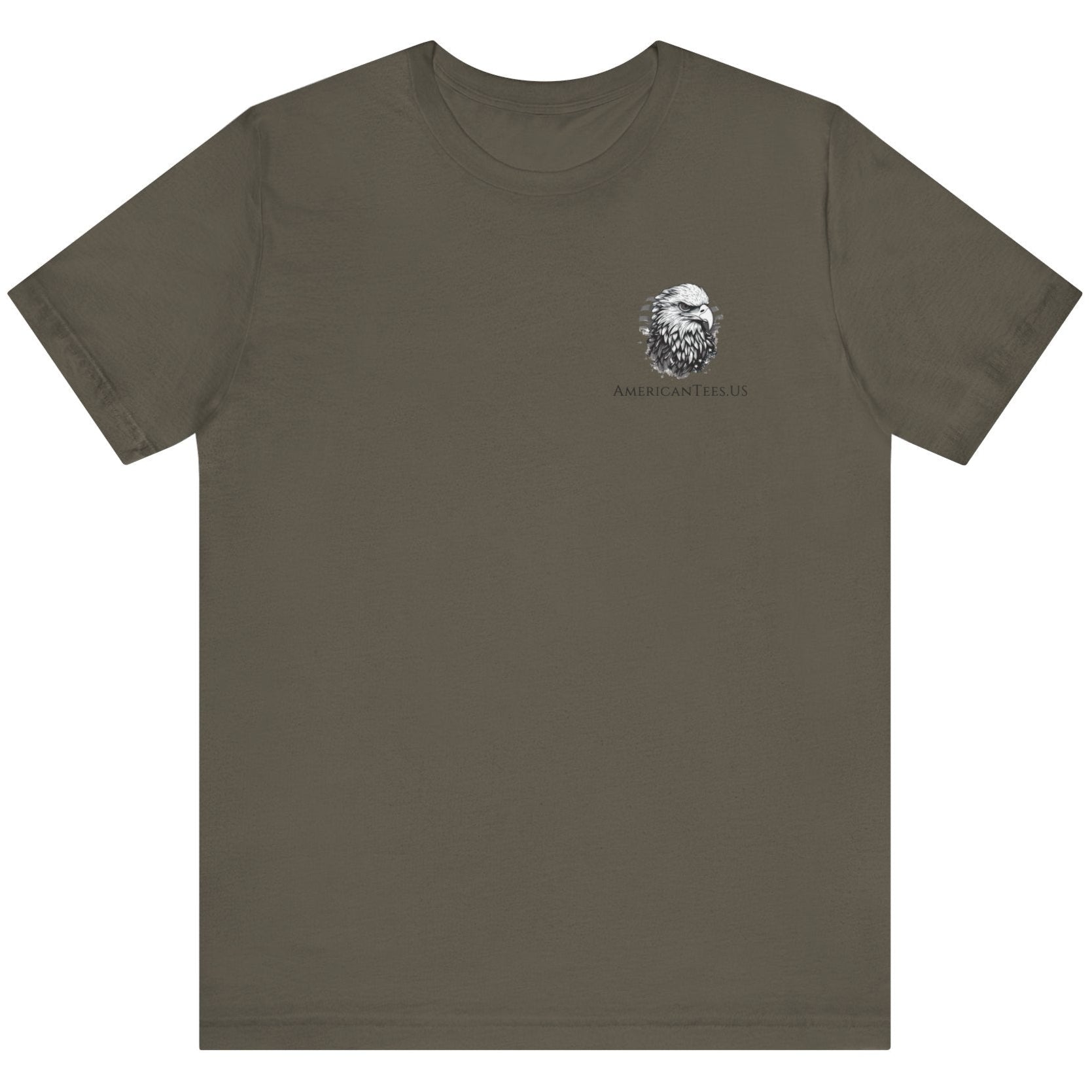 front view of an army green colored fabric patriotic shirt with americantees.us logo on front and American flag in shape of a Christian cross with pledge of allegiance surrounding image on back