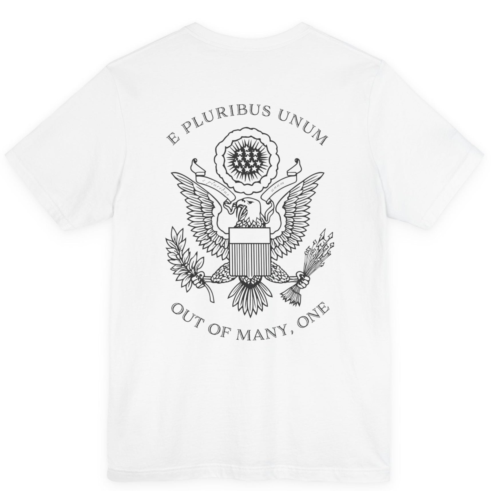 rear view of a white colored fabric patriotic shirt with an americantees.us logo on front and the great seal of the united states on the back 