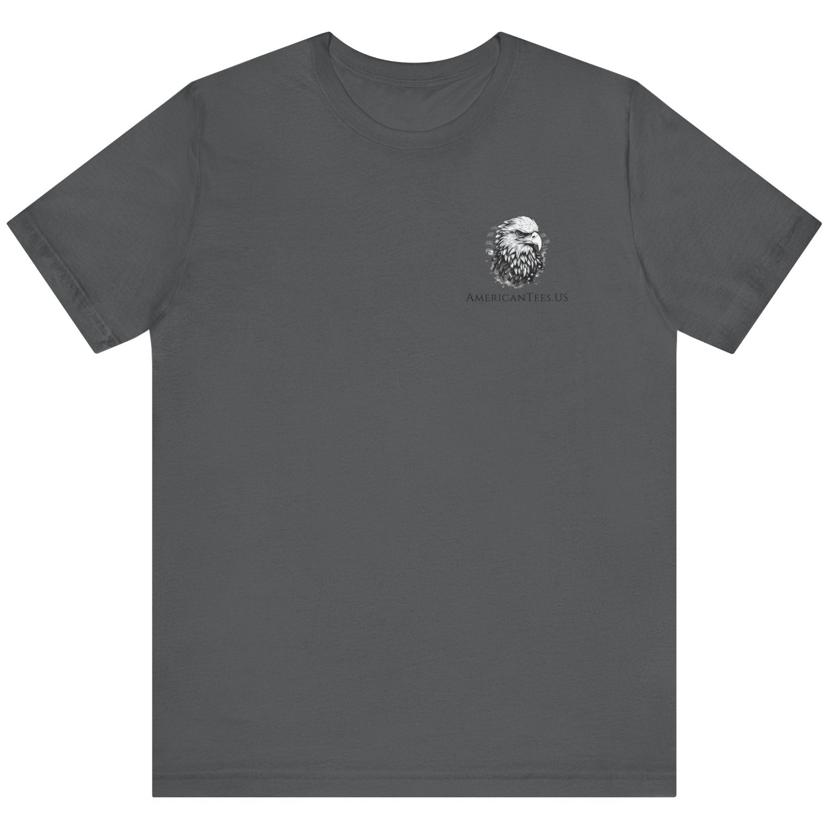 front view of asphalt colored fabric patriotic shirt with American flag background and the preamble of the united states constitution on the back pf shirt, front of shirt has americantees.us logo