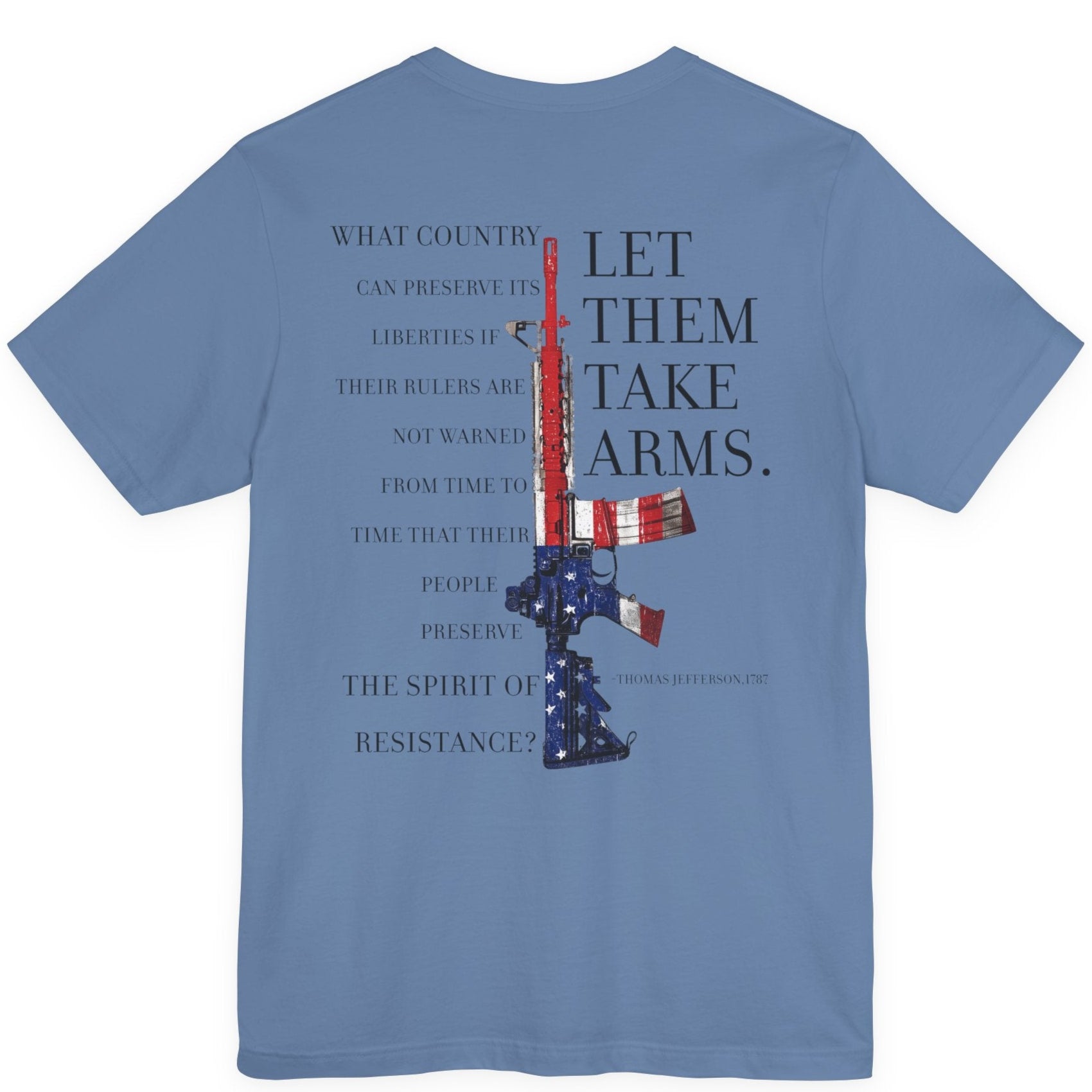 rear view of lavender blue color fabric patriotic shirt with americantees.us logo on front and Thomas Jefferson quote on back. 