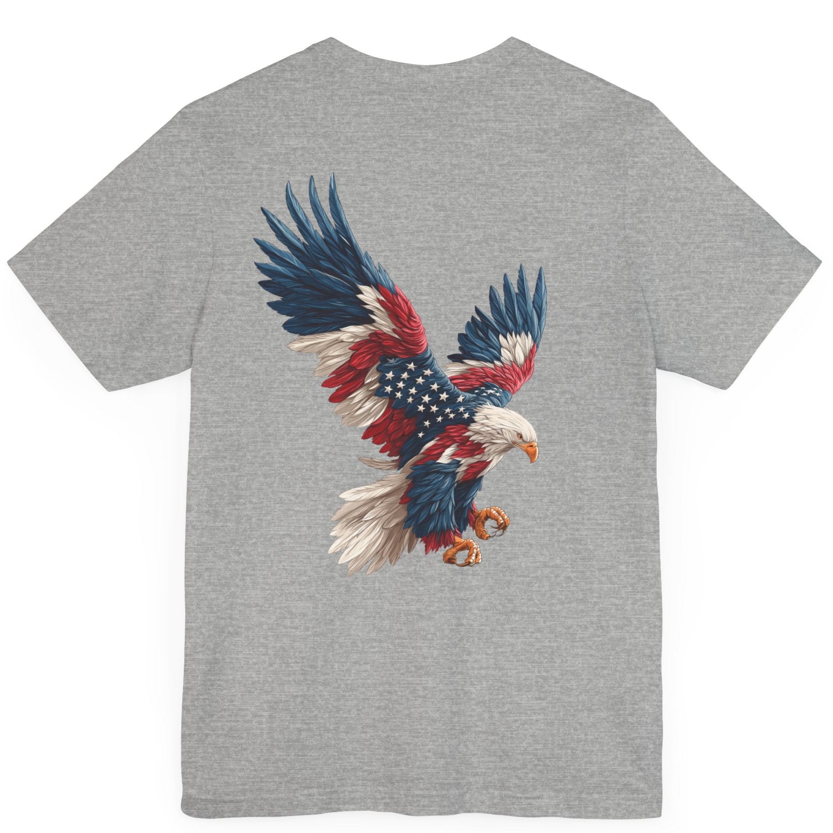 Bald eagle with American flag feathers on &quot;Eagle of Valor&quot; Patriotic Shirts, athletic heather color fabric, American Shirts design. rear view

