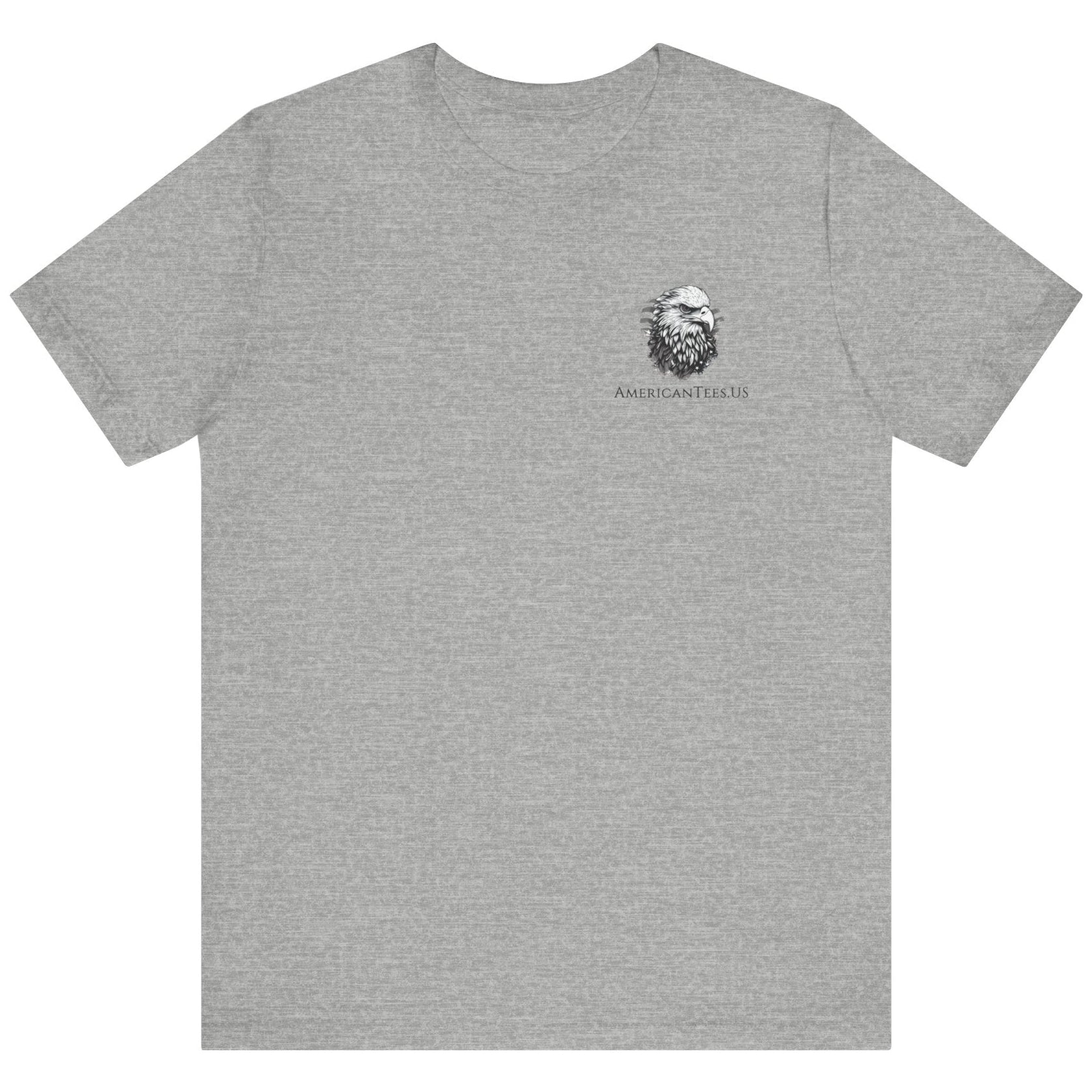 front view of athletic heather grey colored fabric shirt with americantees.us logo on front and Texas flag with rifle and Keep Texas Free writing on back 