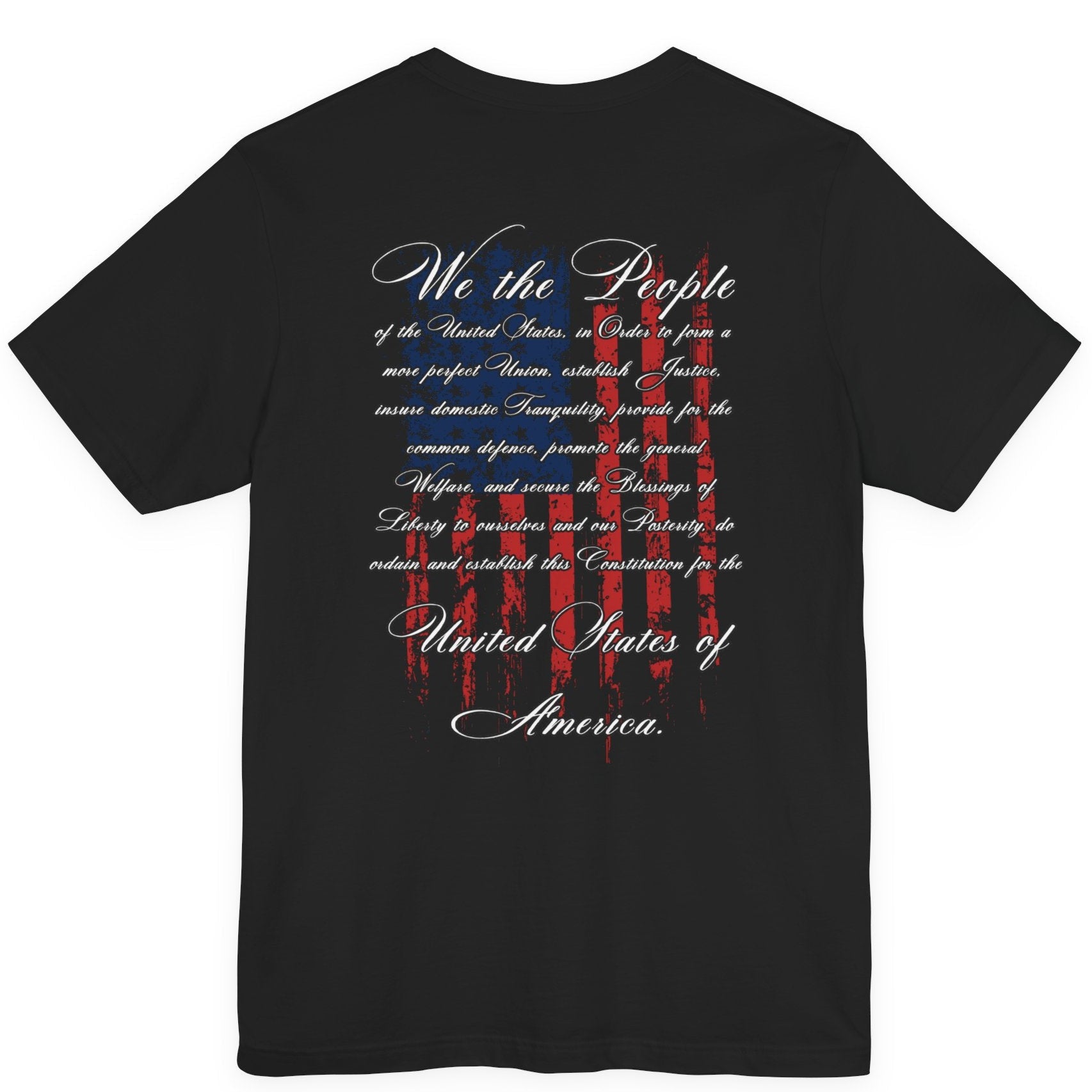 rear view of black colored fabric patriotic shirt with American flag background and the preamble of the united states constitution on the back pf shirt, front of shirt has americantees.us logo