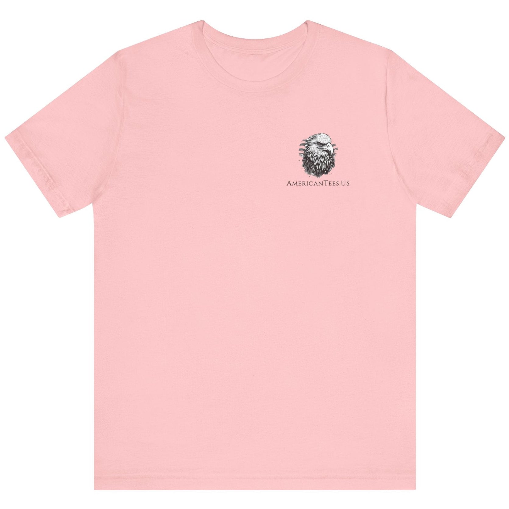 front view of pink colored fabric patriotic shirt with American flag background and the preamble of the united states constitution on the back pf shirt, front of shirt has americantees.us logo