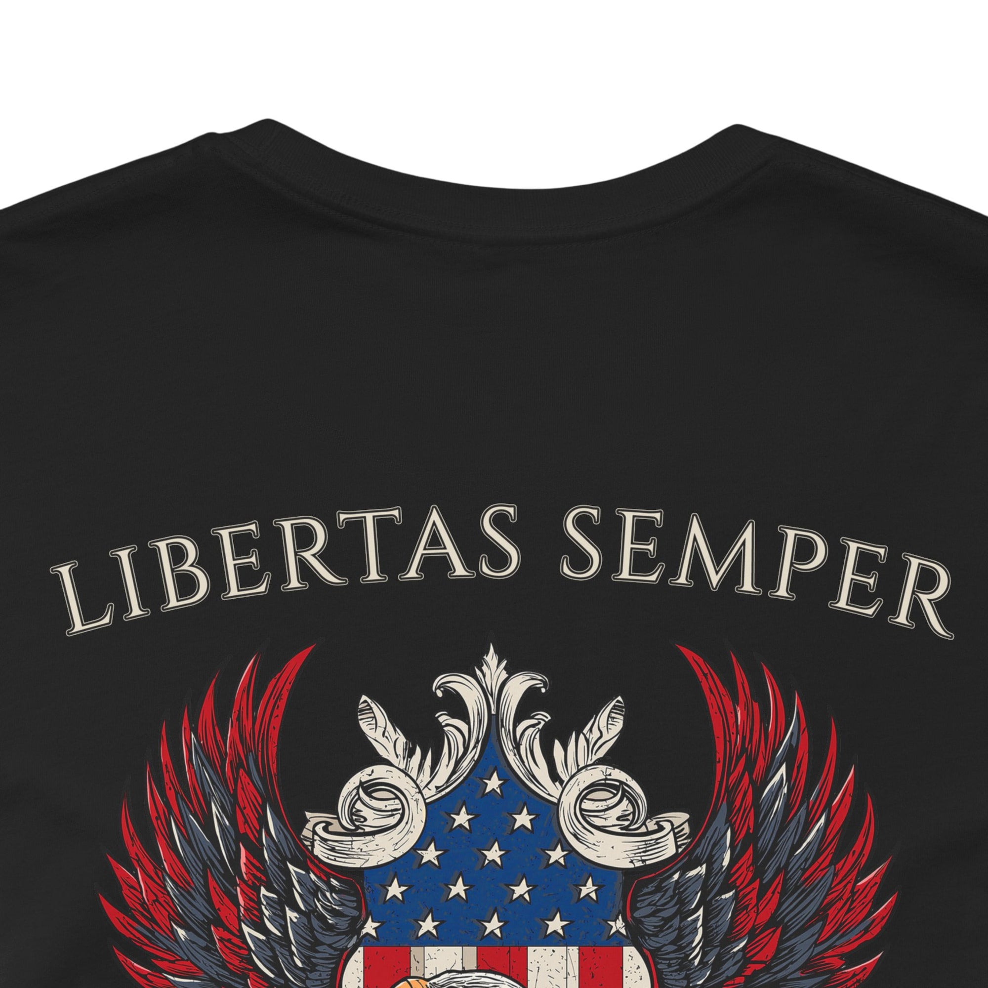 Patriotic Shirts Libertas Semper Eagle Flag Tee flat lay, black back view closeup  featuring an eagle and American flag with scrollwork on a unisex 100% cotton shirt, ideal for American pride

