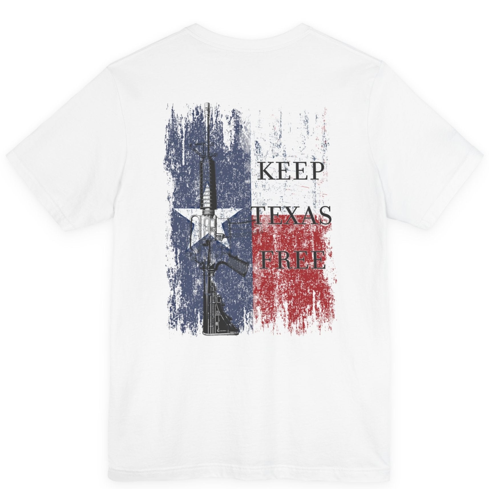 rear view of white colored fabric shirt with americantees.us logo on front and Texas flag with rifle and Keep Texas Free writing on back 