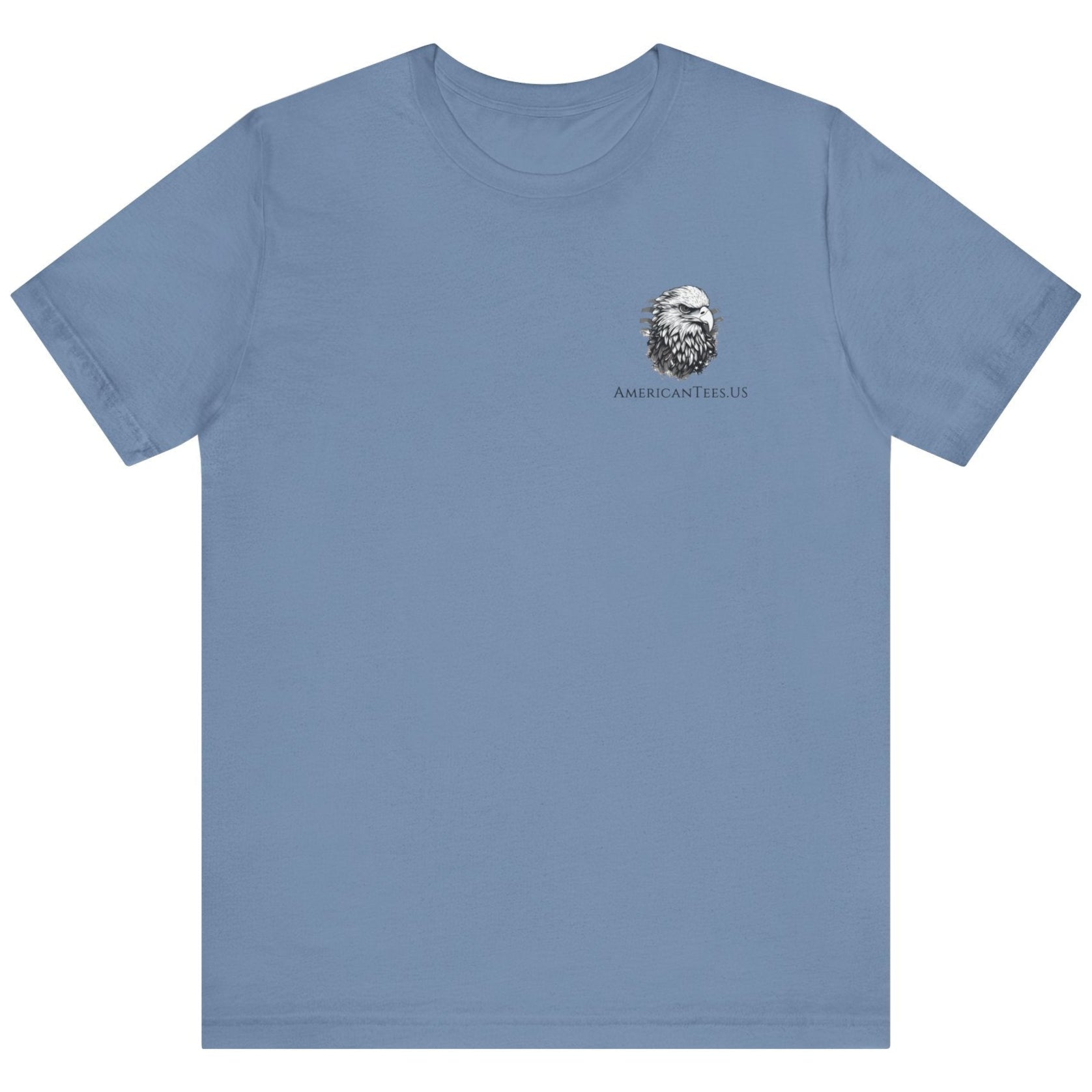 front view of a steel blue colored fabric shirt with americantees.us logo on front and a Gadsden flag on the back