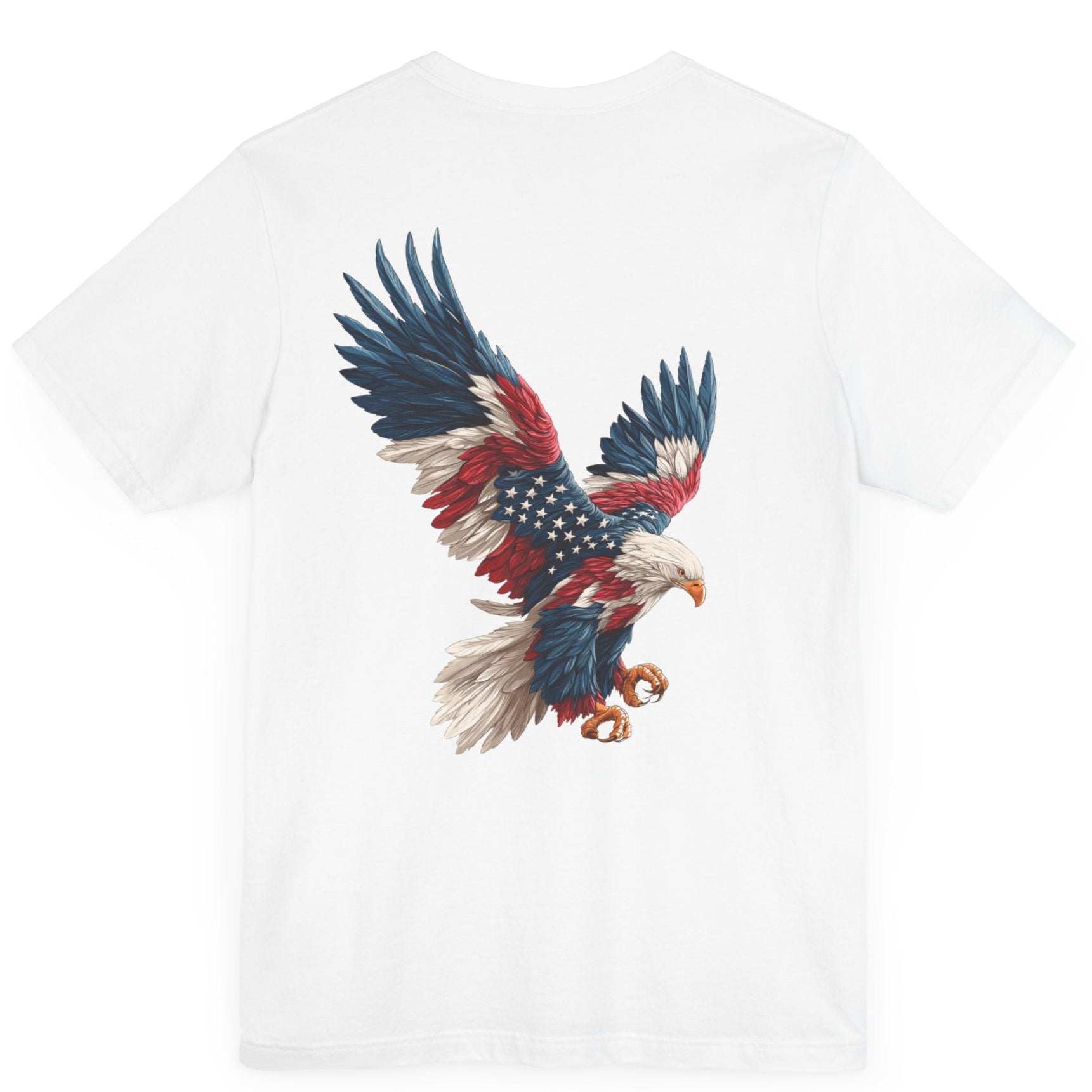 Bald eagle with American flag feathers on "Eagle of Valor" Patriotic Shirts, white color fabric, American Shirts design. rear view

