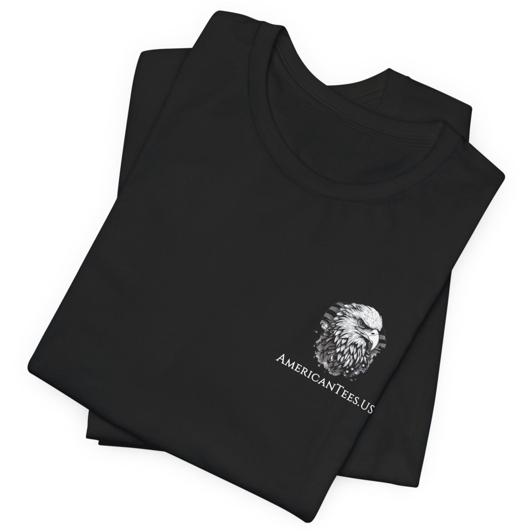 Patriotic Shirts Pro Libertas Semper Flag Eagle Tee, black, folded,  featuring a bold eagle clutching an American flag with scrollwork on a unisex 100% cotton shirt, ideal for American pride
