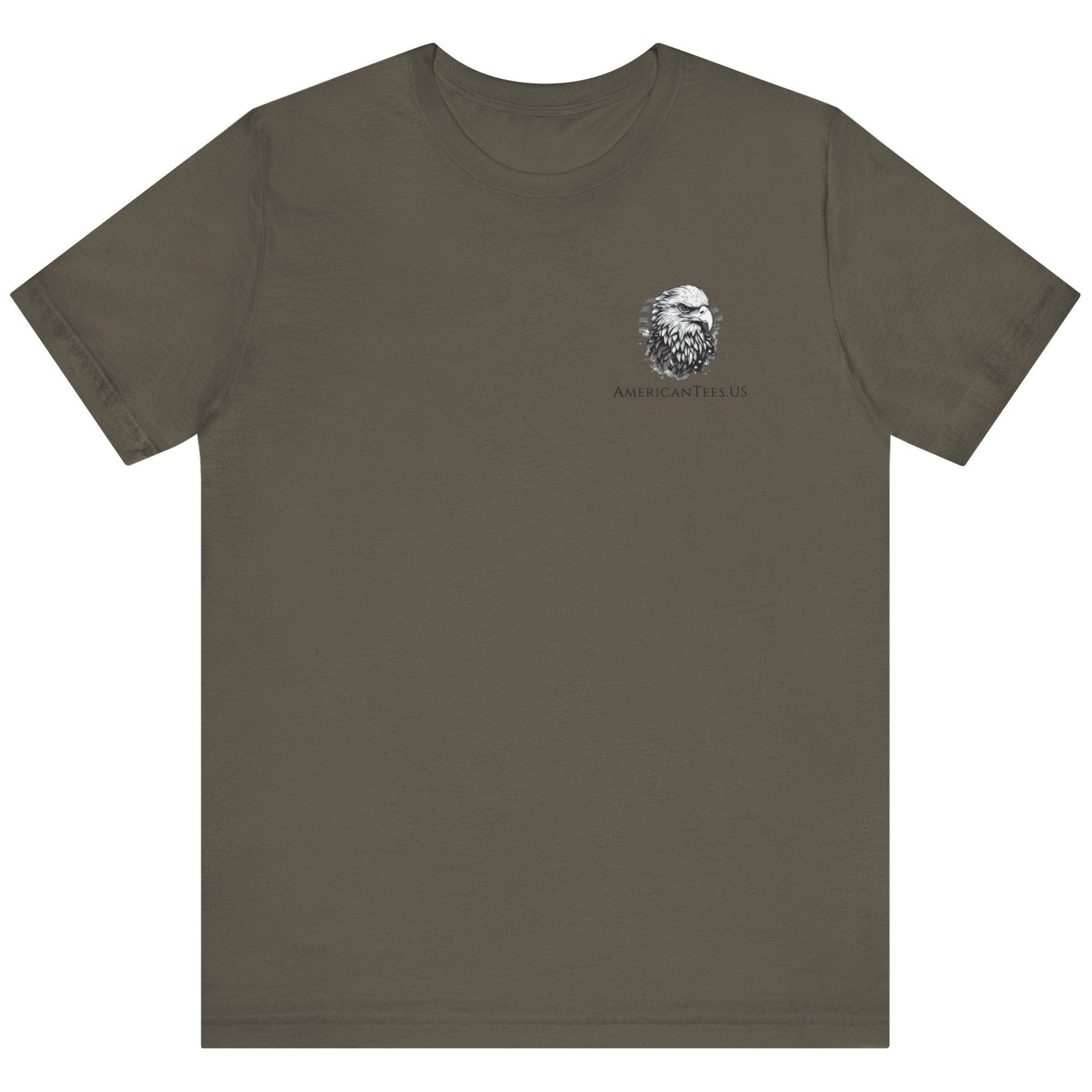 front view of a army green colored fabric shirt with americantees.us logo on front and betsy ross flag with the phrase give me liberty or give me death and 1776 on the back