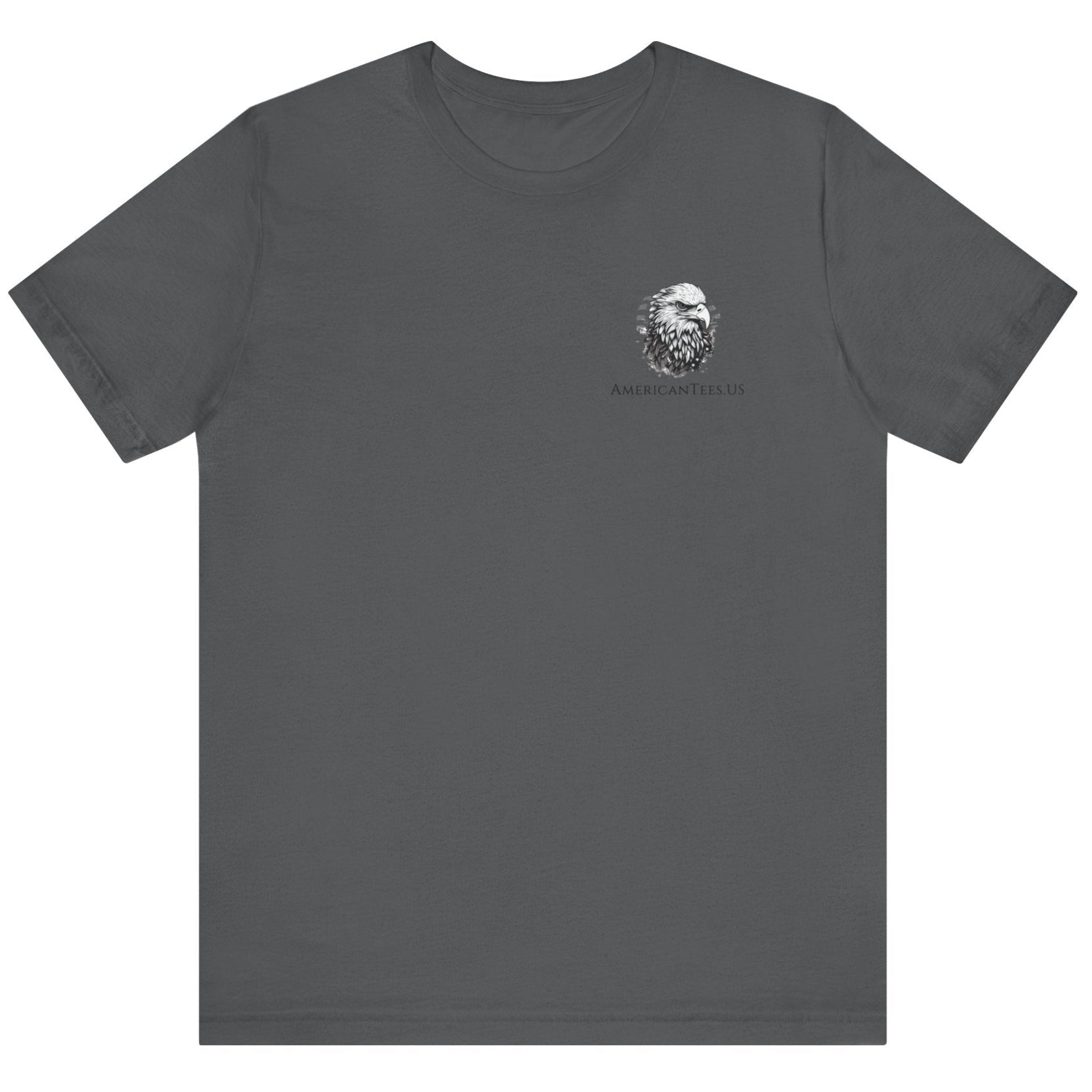 front view of asphalt colored fabric shirt with americantees.us logo on front and Texas flag with rifle and Keep Texas Free writing on back 