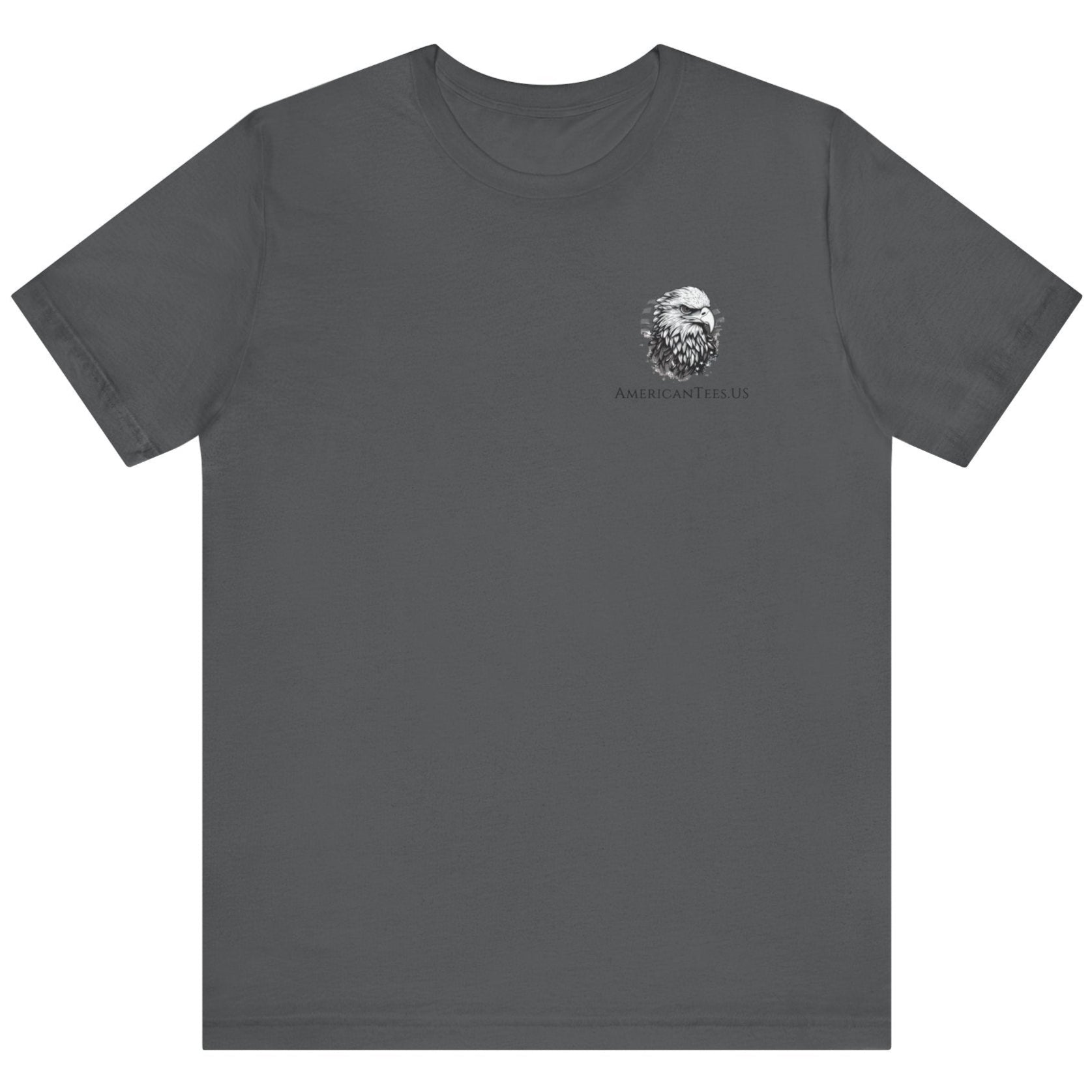 front view of a asphalt colored fabric shirt with americantees.us logo on front and betsy ross flag with the phrase give me liberty or give me death and 1776 on the back