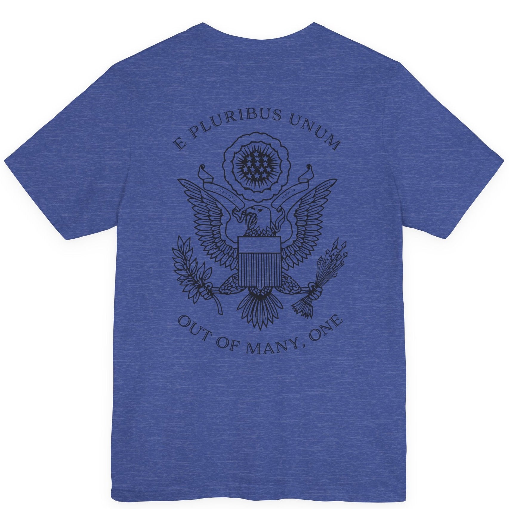 rear view of a heather true royal blue colored fabric patriotic shirt with an americantees.us logo on front and the great seal of the united states on the back 