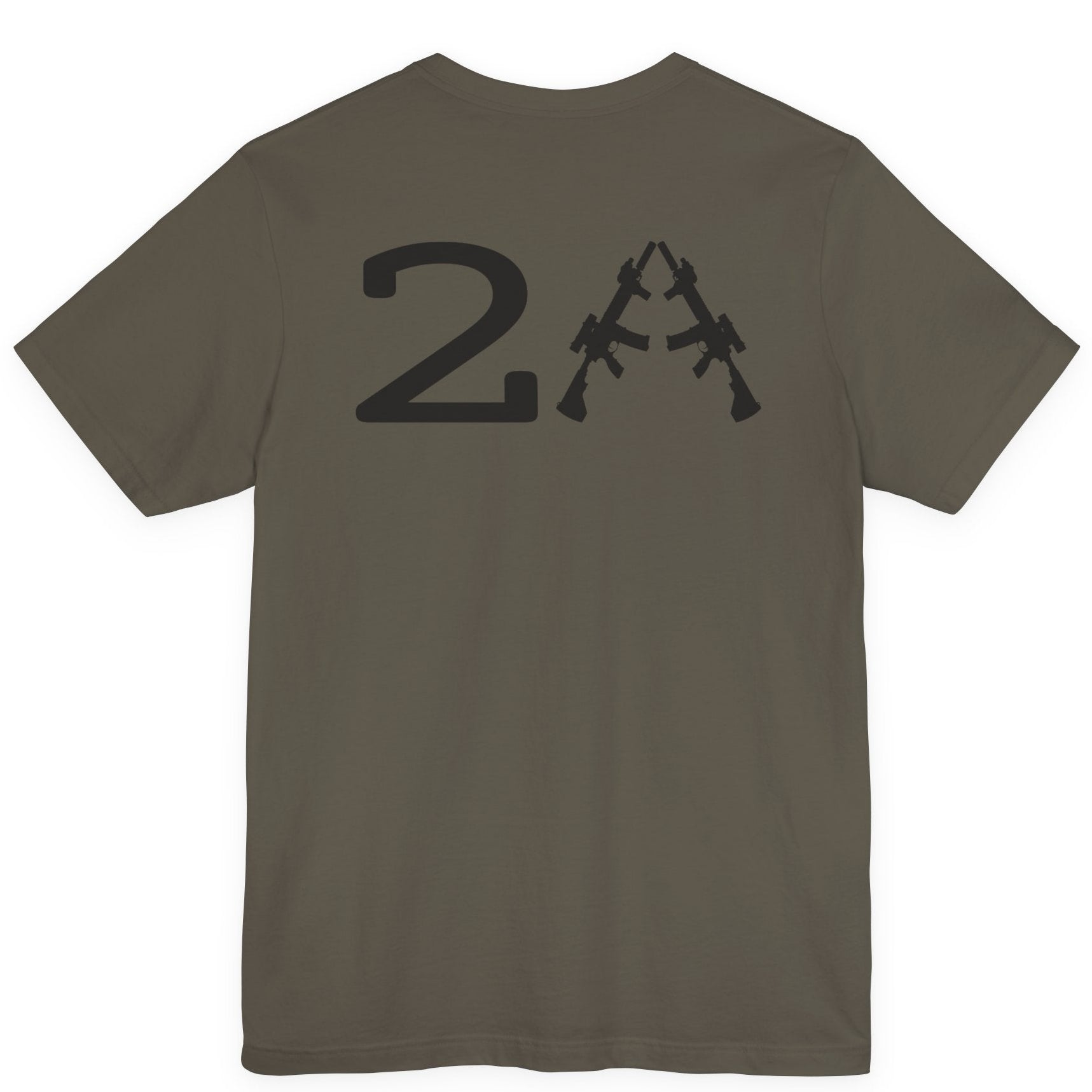 rear view of a patriotic army green colored fabric shirt with americantees.us logo on front and 2A on the back with stacked rifles forming the A