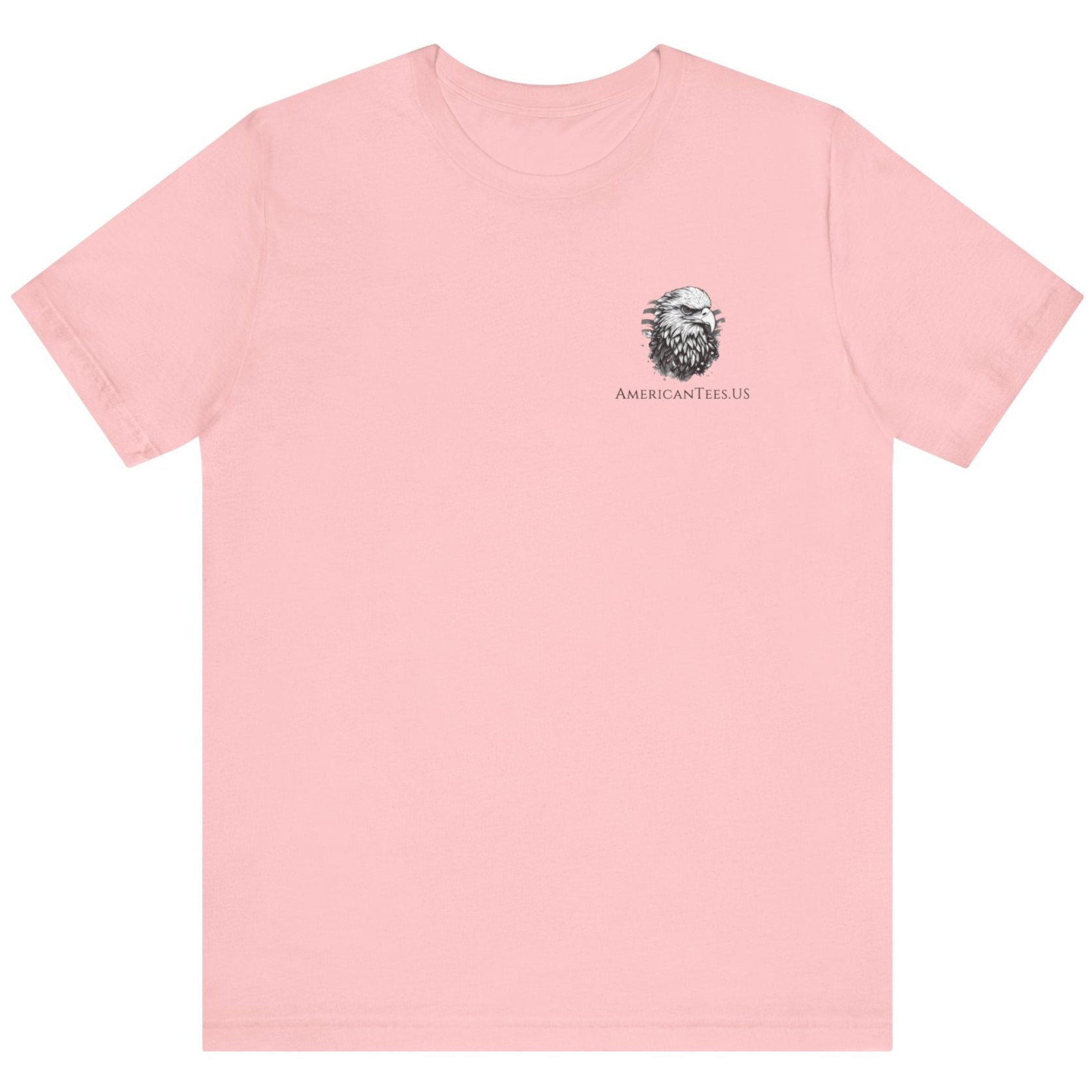 front view of a pink colored fabric shirt with americantees.us logo on front and a Gadsden flag on the back