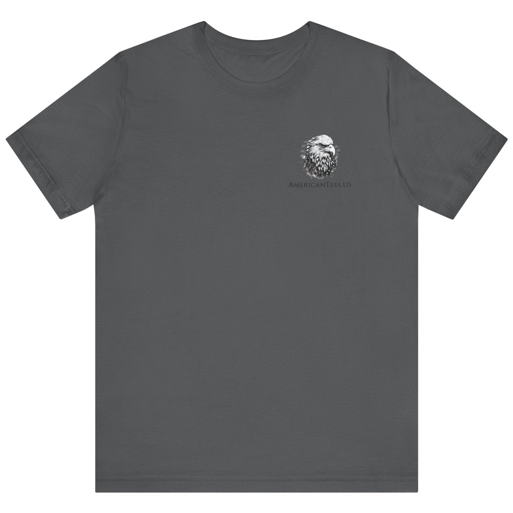 Bald eagle with American flag feathers on "Eagle of Valor" Patriotic Shirts, asphalt color fabric, American Shirts design. front view

