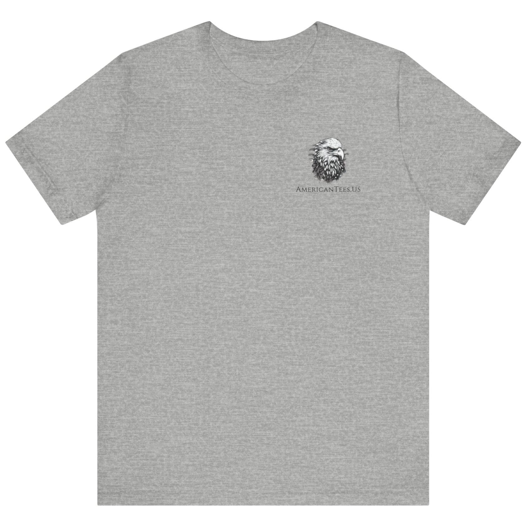 front view of a white colored fabric shirt with americantees.us logo on front and a Gadsden flag on the back