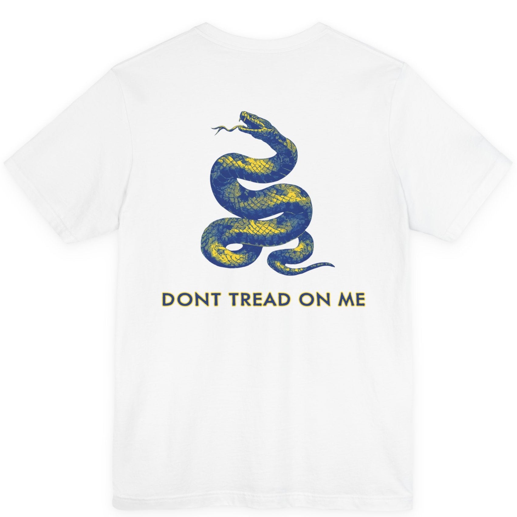 rear view of a white colored fabric shirt with americantees.us logo on front and a Gadsden flag on the back