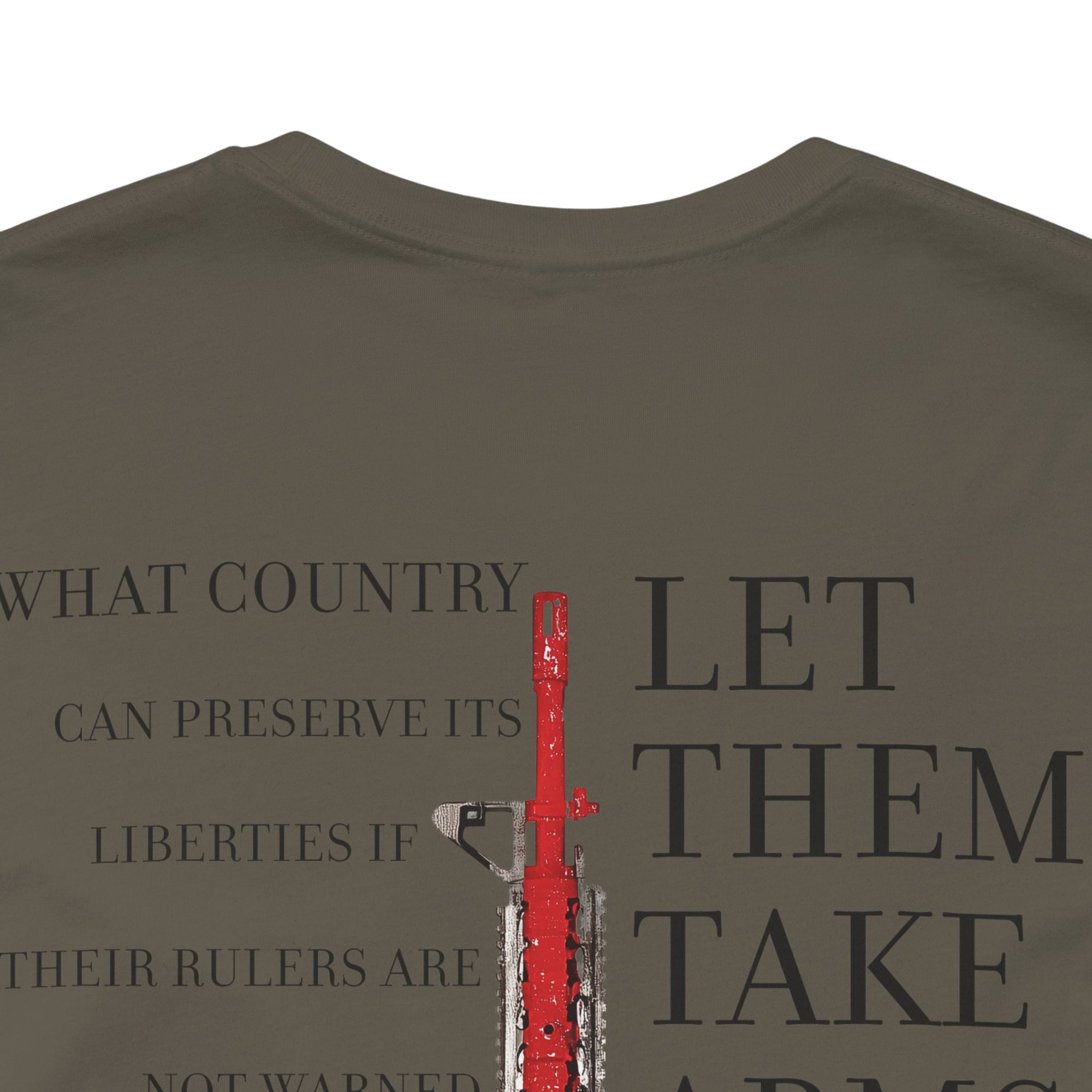 rear view closeup of army green color fabric patriotic shirt with americantees.us logo on front and Thomas Jefferson quote on back. 