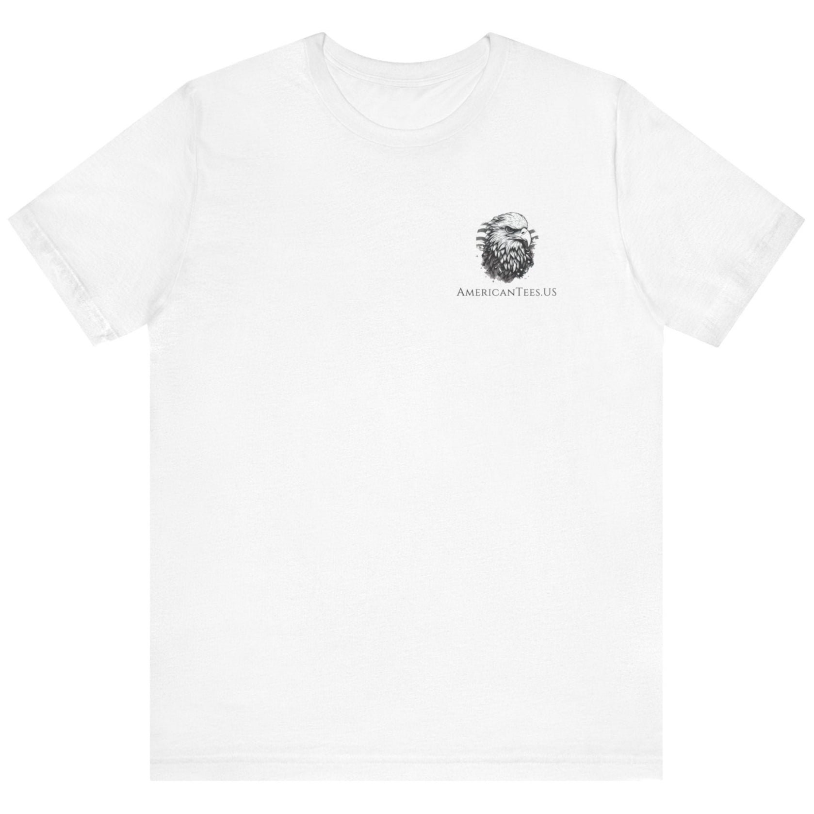front view of a patriotic white colored fabric shirt with americantees.us logo on front and 2A on the back with stacked rifles forming the A