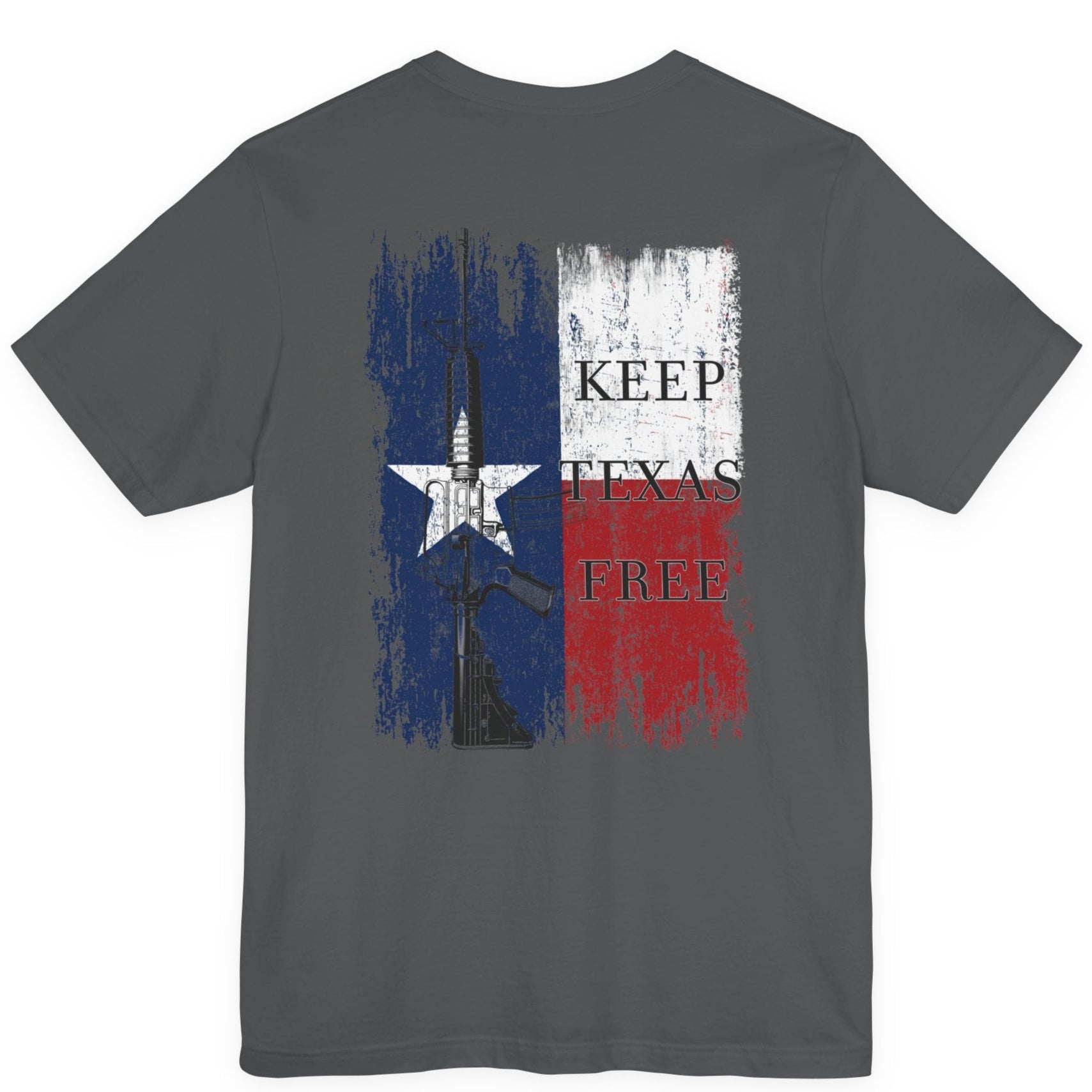 rear view of asphalt colored fabric shirt with americantees.us logo on front and Texas flag with rifle and Keep Texas Free writing on back 