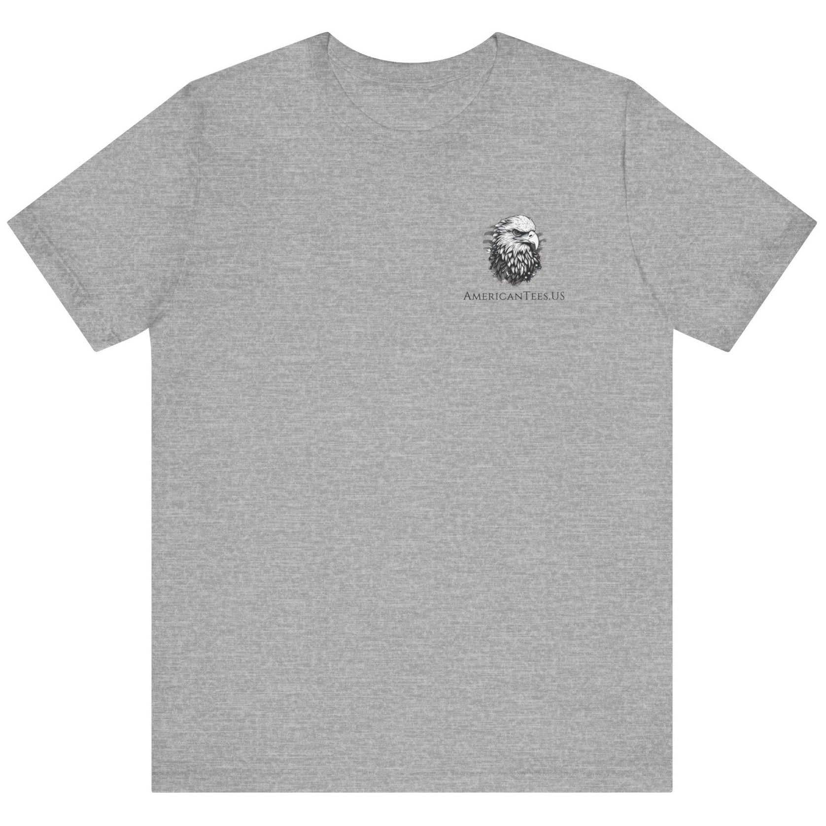 Bald eagle with American flag feathers on "Eagle of Valor" Patriotic Shirts, athletic heather grey color fabric, American Shirts design. front view


