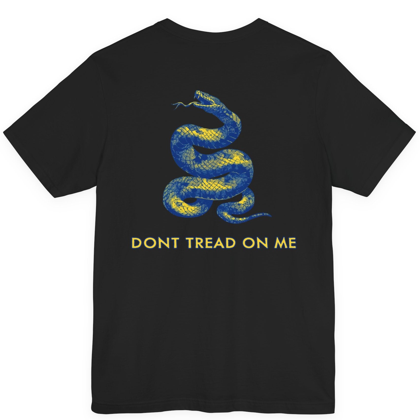 rear view of a black colored fabric shirt with americantees.us logo on front and a Gadsden flag on the back