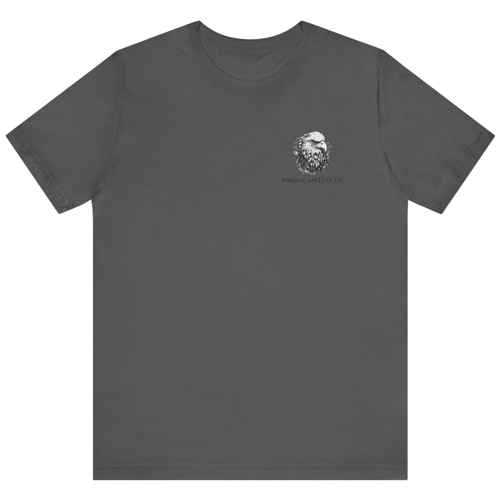 front view of a patriotic asphalt colored fabric shirt with americantees.us logo on front and 2A on the back with stacked rifles forming the A