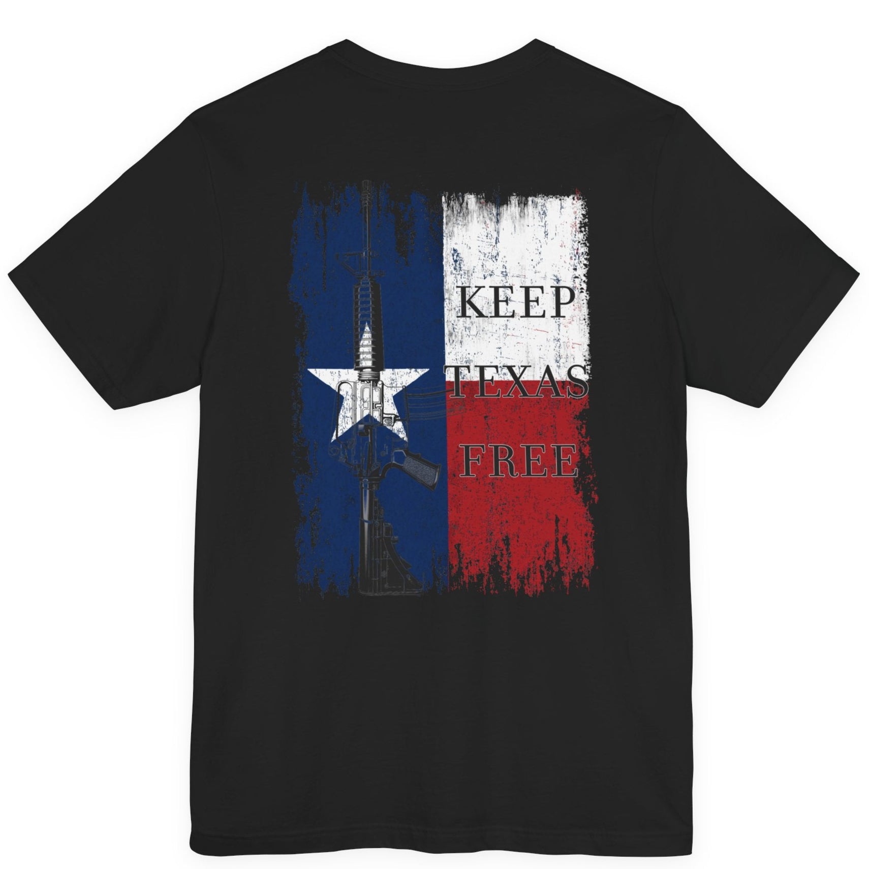 rear view of black colored fabric shirt with americantees.us logo on front and Texas flag with rifle and Keep Texas Free writing on back 