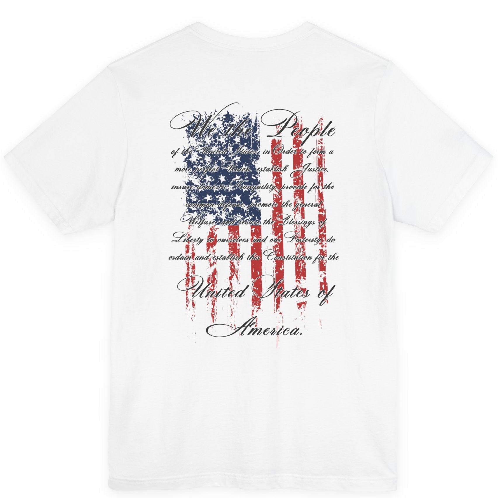 rear view of white colored fabric patriotic shirt with American flag background and the preamble of the united states constitution on the back pf shirt, front of shirt has americantees.us logo
