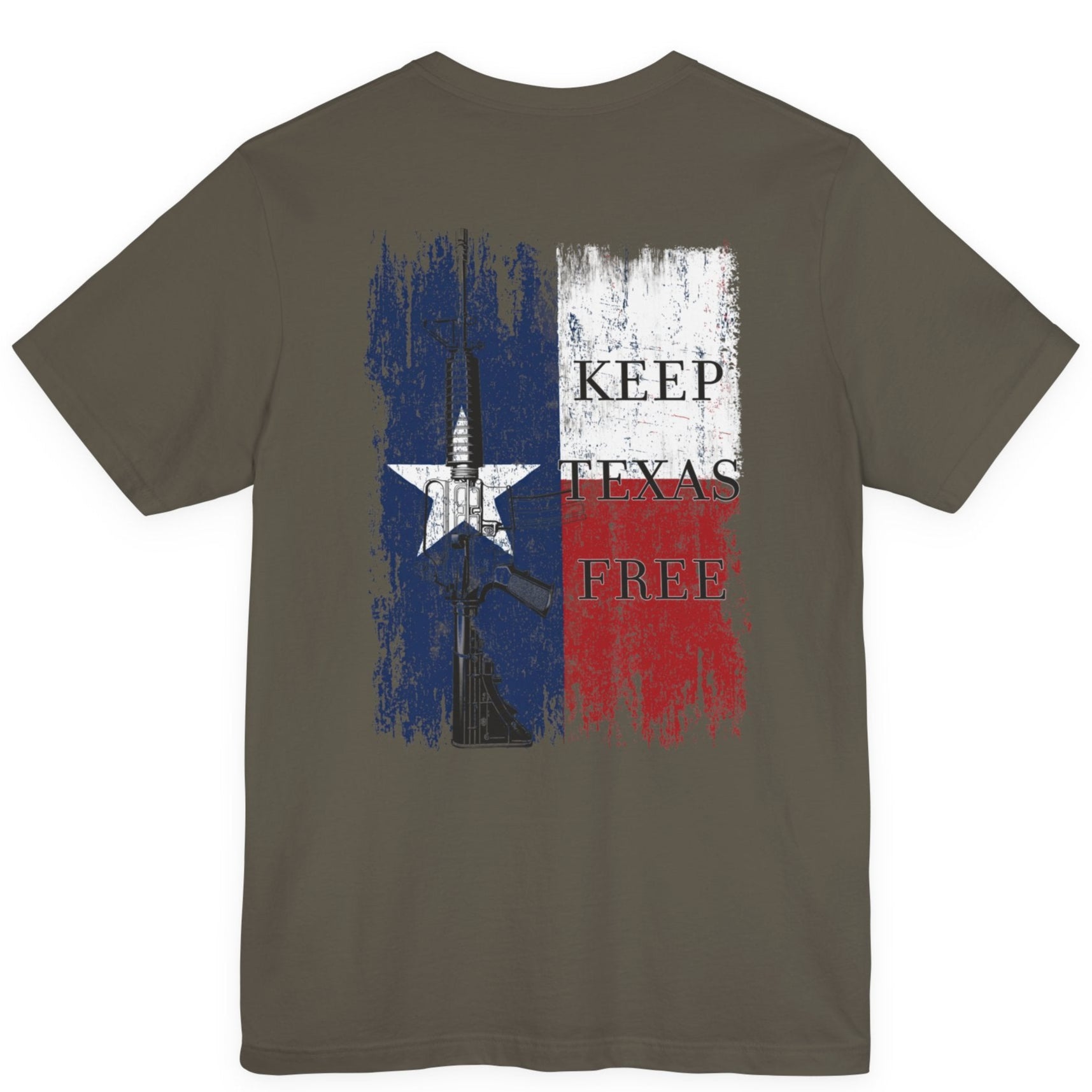 rear view of army green colored fabric shirt with americantees.us logo on front and Texas flag with rifle and Keep Texas Free writing on back 