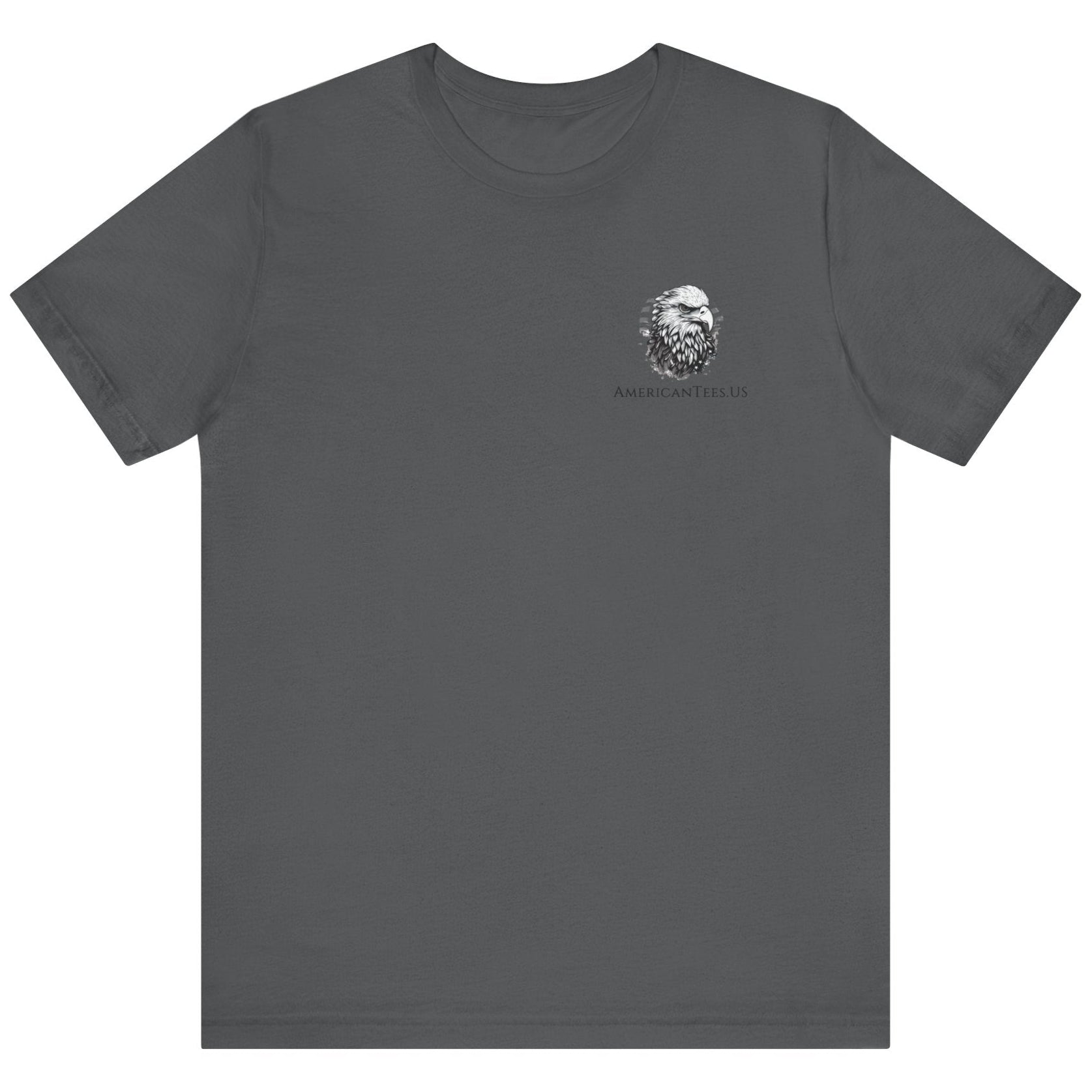 front view of a asphalt colored fabric shirt with americantees.us logo on front and a Gadsden flag on the back