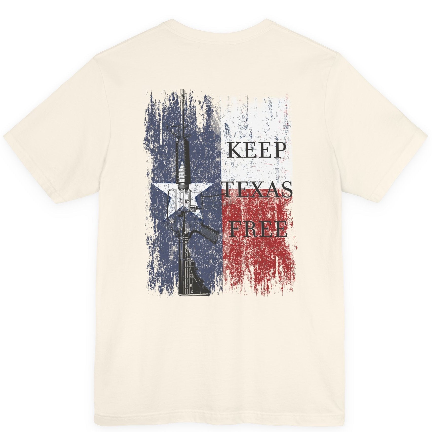 rear view of natural colored fabric shirt with americantees.us logo on front and Texas flag with rifle and Keep Texas Free writing on back 