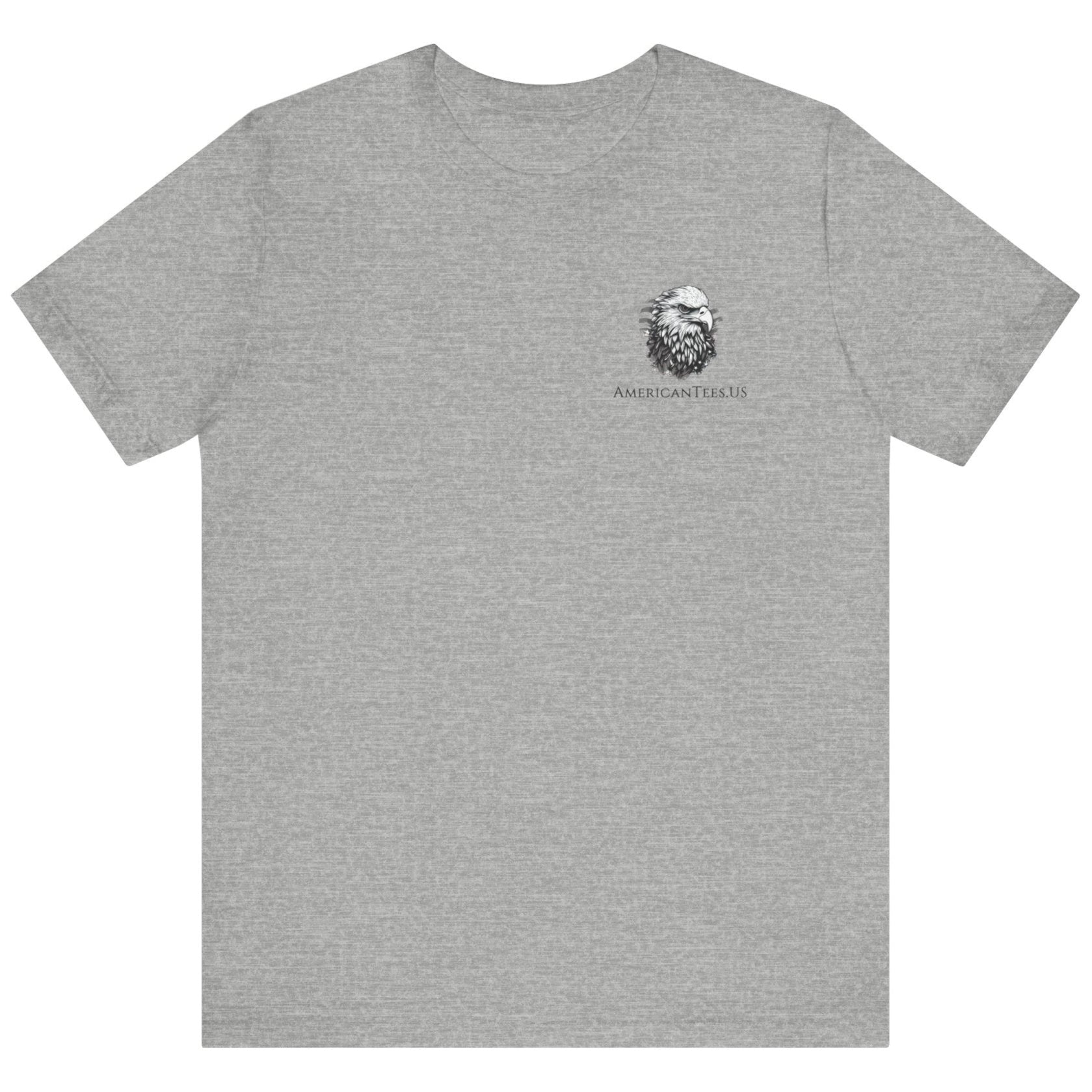 front view of a athletic heather colored fabric shirt with americantees.us logo on front and betsy ross flag with the phrase give me liberty or give me death and 1776 on the back