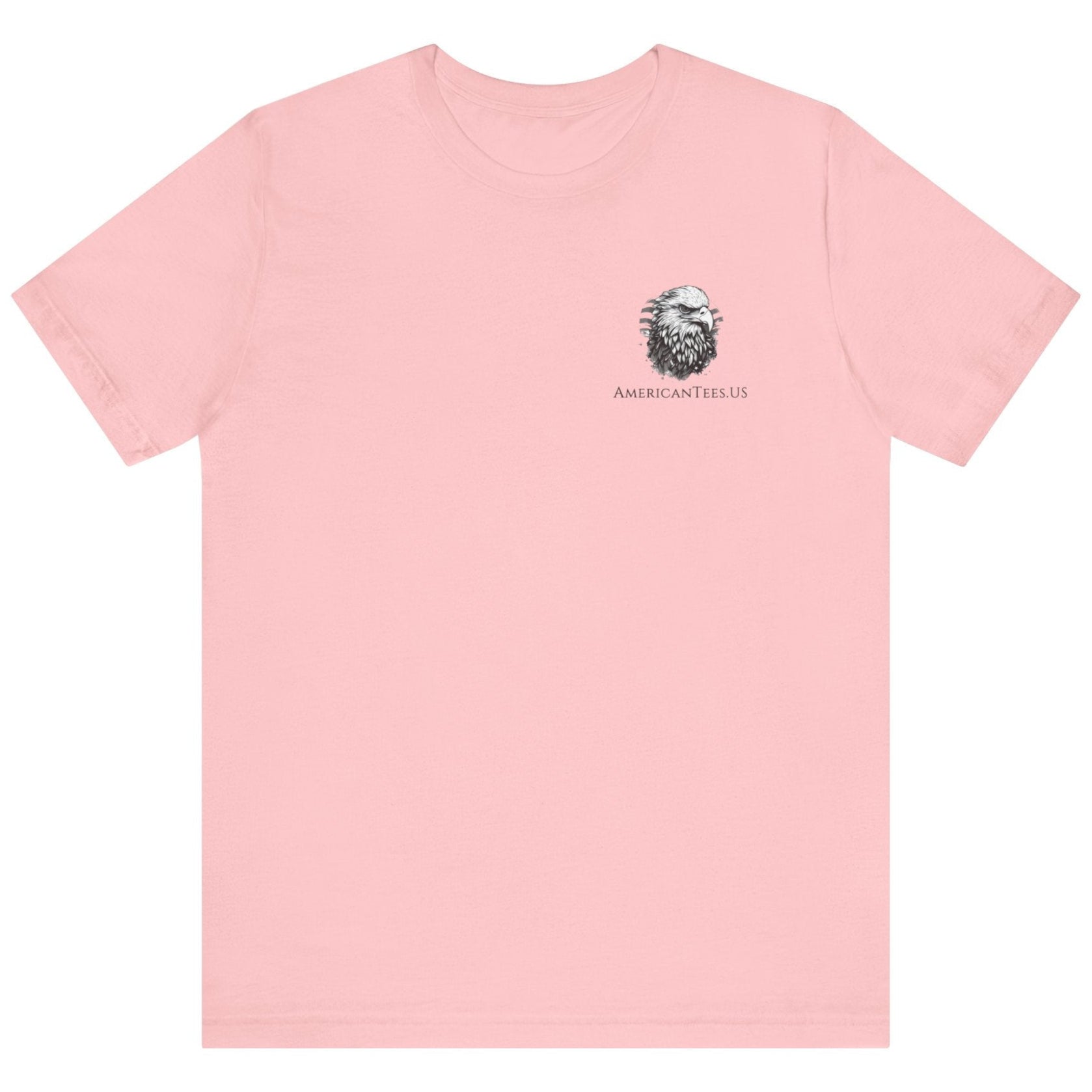 front view of pink colored fabric shirt with americantees.us logo on front and Texas flag with rifle and Keep Texas Free writing on back 