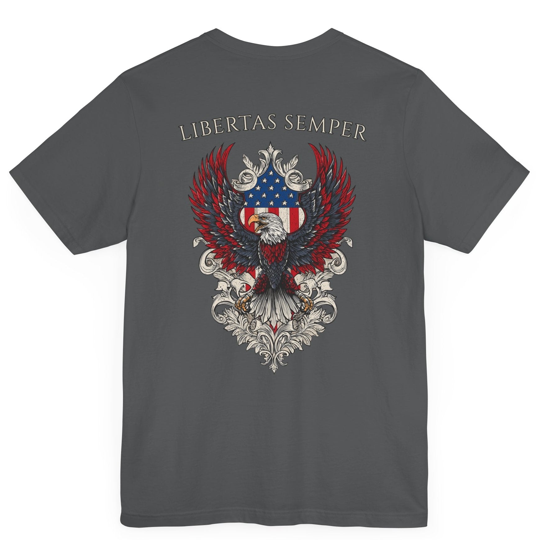 Patriotic Shirts Libertas Semper Eagle Flag Tee flat lay, asphalt color back view featuring an eagle and American flag with scrollwork on a unisex 100% cotton shirt, ideal for American pride

