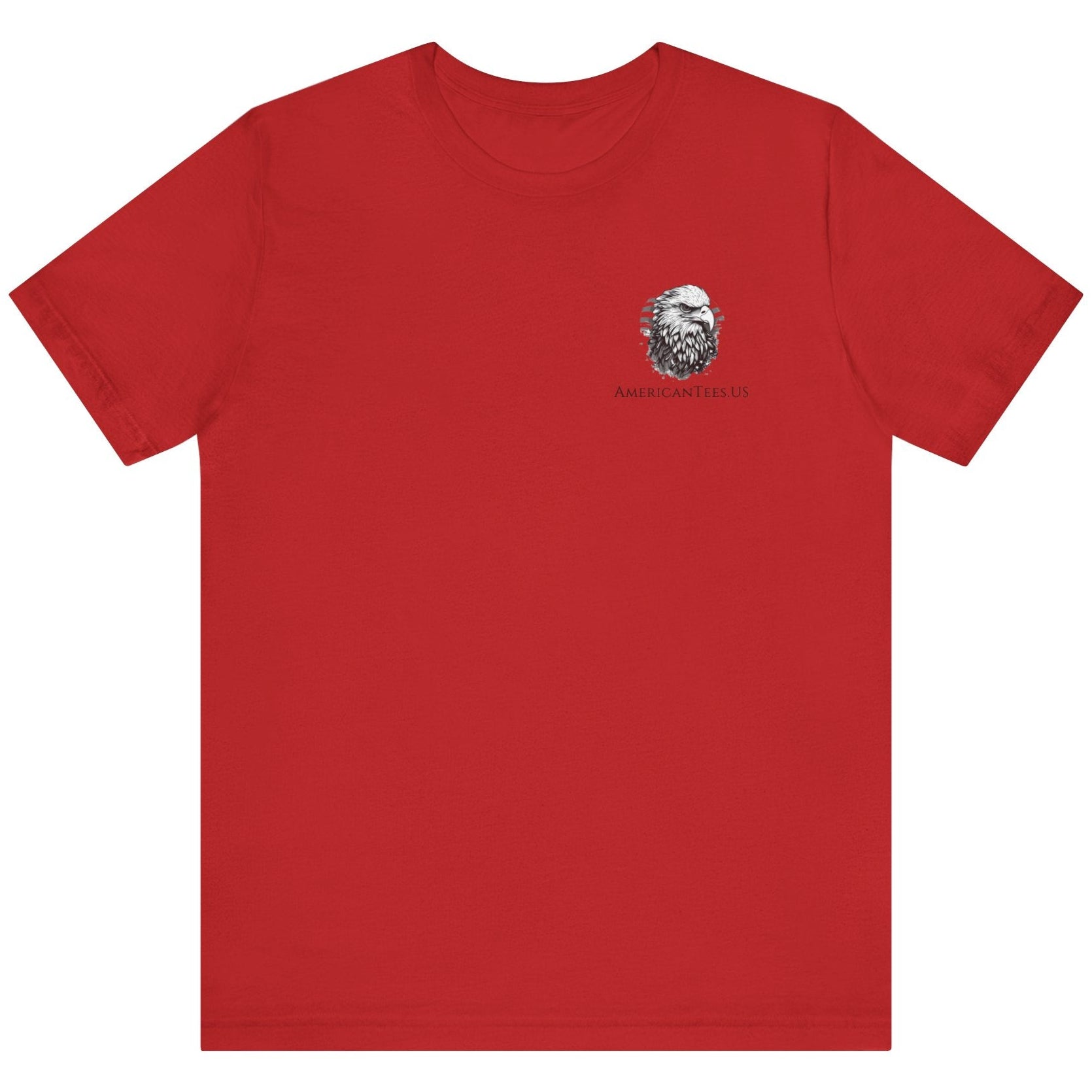 front view of a red colored fabric shirt with americantees.us logo on front and a Gadsden flag on the back